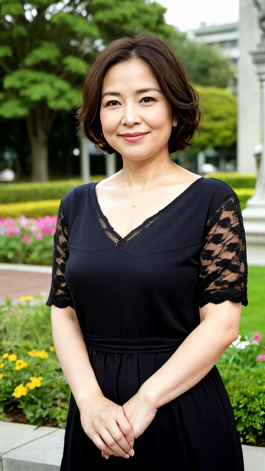Woman standing in front of a park fountain waiting for me..She has her hands behind her back and is holding a handbag.A woman wearing a brightly colored knit and skirt.She is looking up and smiling bewitchingly. J-cup tits, looks like Hitomi Kuroki.Natural wrinkles. Wrinkles at the corners of the eyes. fleshy feeling. highest quality.Mature, 45 years old.bewitching smile.woman of good style.Temptation.Looking Camera.Black hair,Perfect fingers.
