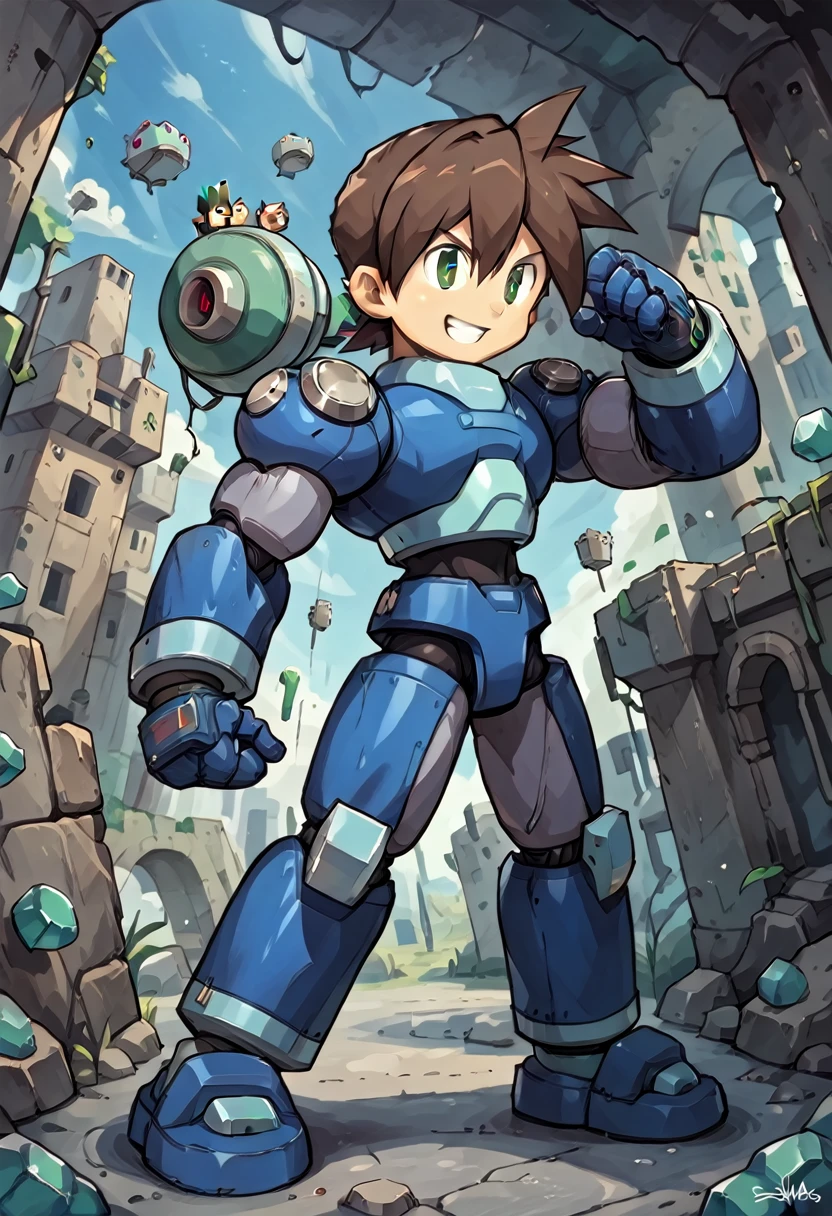 Highest quality,RAW Photos,Professional Art Works,Guts pose,m3g4m4n,Blue Armor,Muscular,Brown Hair, boy,Chibi,male focus, brown hair, green eyes, 独奏, android, hair between eyes,Shoots the Rock Buster on his right hand,Ancient ruins with floating red and green crystals,smile,Huge muscles,Huge erect penis,