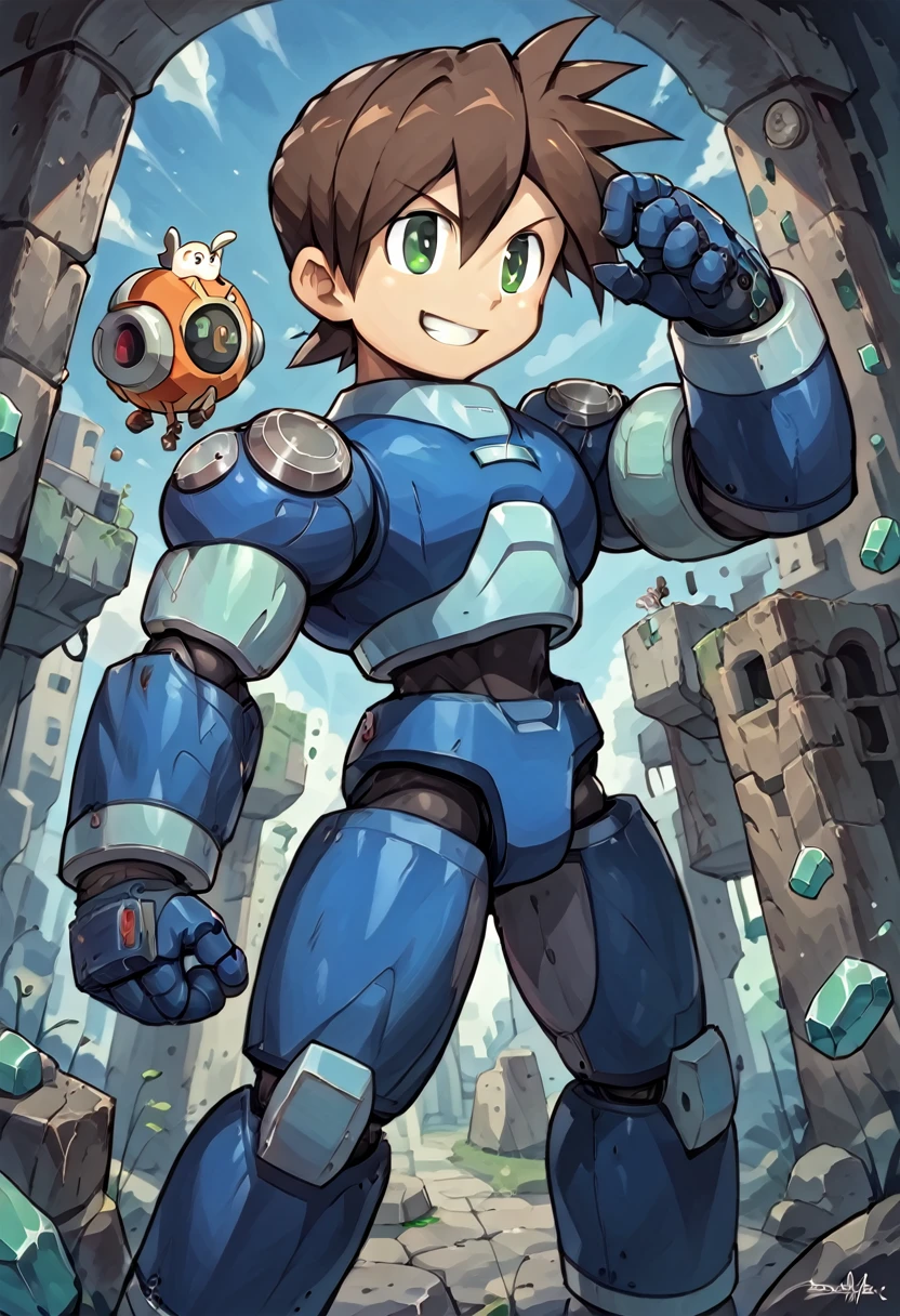 Highest quality,RAW Photos,Professional Art Works,Guts pose,m3g4m4n,Blue Armor,Muscular,Brown Hair, boy,Chibi,male focus, brown hair, green eyes, 独奏, android, hair between eyes,Shoots the Rock Buster on his right hand,Ancient ruins with floating red and green crystals,smile,Huge muscles,Huge erect penis,