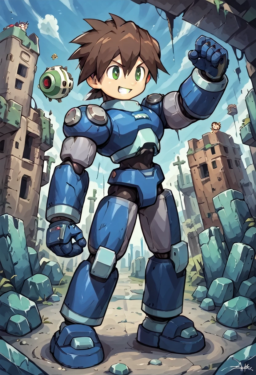 Highest quality,RAW Photos,Professional Art Works,Guts pose,m3g4m4n,Blue Armor,Muscular,Brown Hair, boy,Chibi,male focus, brown hair, green eyes, 独奏, android, hair between eyes,Shoots the Rock Buster on his right hand,Ancient ruins with floating red and green crystals,smile,Huge muscles,Huge erect penis,