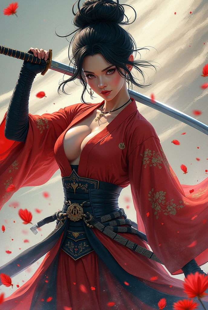 A girl with black hair bob cut holding a sword with big boobs Korean manhwa style