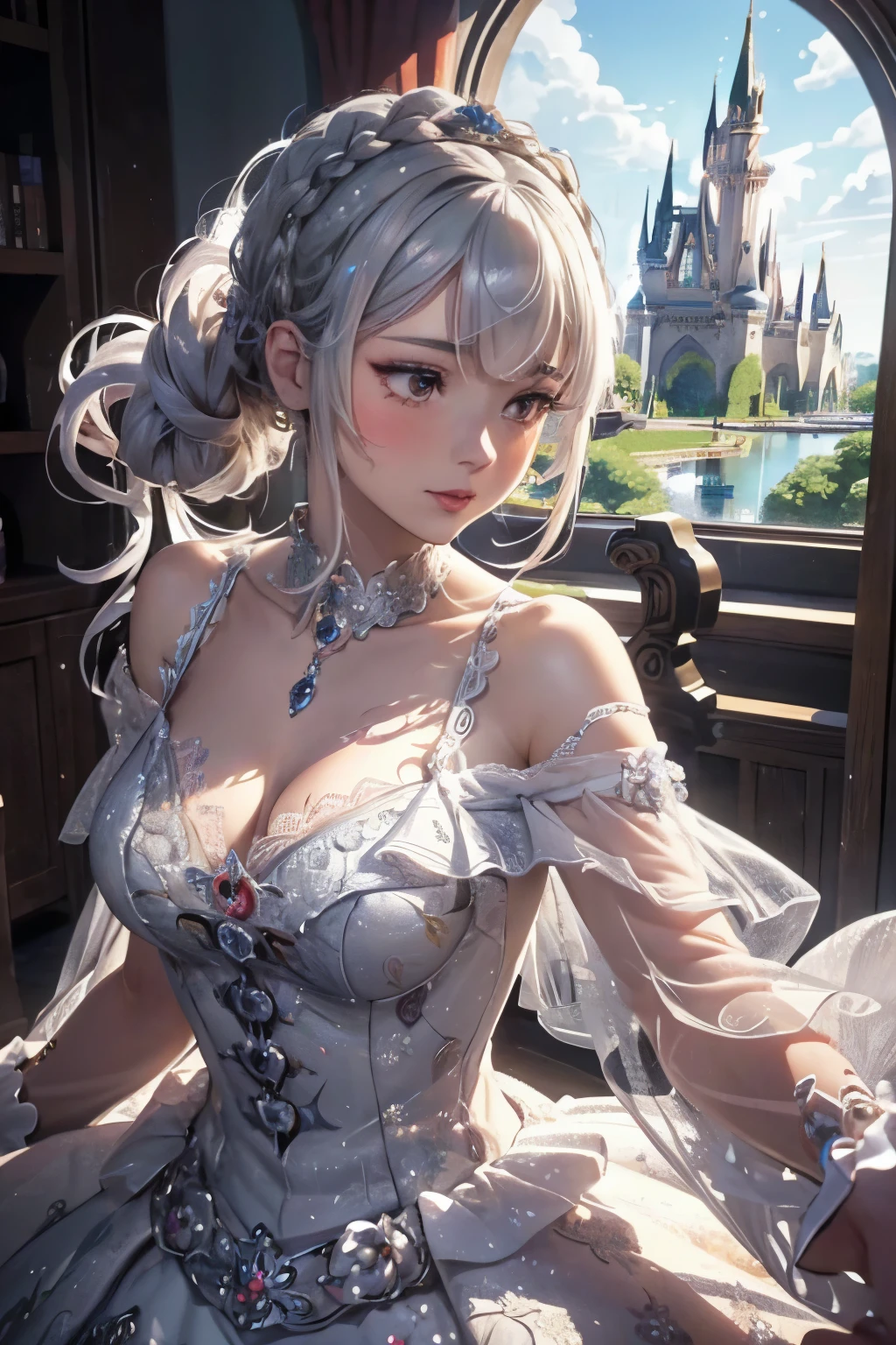 (ukiyoe painting:1.3),(3D Animation:1.3),(Grimm fairy tale world),(Aschenputtel,Cinderella,princess covered in ash:1.3),(Cinderella's Castle in the background:1.3),(((lace off shoulder white dress))),.(Make the subject look three-dimensional with the contrast of light and shadow),Cute and beautiful girl,Cute round face,Cute smile,with blush cheeks,Red Lip,(silver white hair,Floral braided headband,half up、Floral Braided Space Van,Voluminous Fishtail Braids,Twisted chignon,),(Bangs are see-through bangs),hair pin,hair adornments,detailed clothes features,Detailed hair features,detailed facial features,(Dynamic angles),(Dynamic and sexy poses),profetional lighting,Cinematic Light,(masutepiece,top-quality,Ultra-high resolution output image, depth of fields,) ,(The 8k quality,depth of fields,Anatomically accurate facial structure,),(Sea Art 2 Mode:1.3),(Image Mode Ultra HD,)