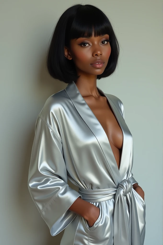 A black shinigami woman with full lips and wide nose and dark, curly textured hair dressed in shinigami robes designed in the style of Tite Kubo, Guerra de Sangue de Mil Anos de Bleach
, African characteristics, I'm fun, animation