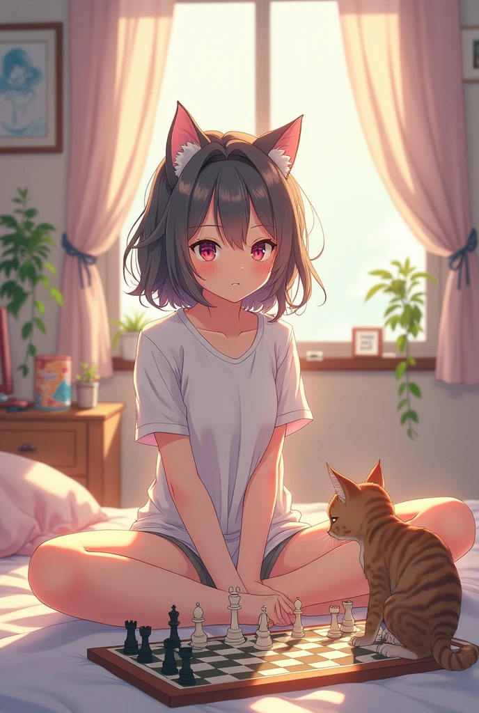 One girl.

(masutepiece, of the highest quality, Kyoto Animation Style Illustration, of the highest quality, Official art, aesthetics, Beautiful details, :1. 2), BREAK, (17 years old girl), Very detailed, colourfull, highest details, BREAK, (Bomb Chest: 1. 2,), Clear skin, Beautiful skin, Shy skin, with fringes, 1 beautiful girl, Brown hair, (Cat ears, Ponytail, medium-Long hair: 1. 2), (Light blue eyes, long eyelashes, Double eyelids: 1. 2), Solo, BREAK, 

Fans shake their heads to blow wind into the room.
A girl is one girl.
Black tank top and shorts. Sweat.
girl's own room, bed, desk work, Chair, DVR, Shelves with small items,Women's underwear scattered all over the room,Holding your head in bed,

Fans shake their heads to blow wind into the room.
The girl sits in front of the fan, Eat ice cream with your mouth wide open, A smile,