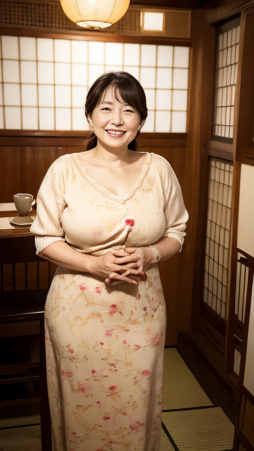 Osaka's aunt、Organic Photography、Highest quality、masterpiece、Ultra-high resolution、Beautiful old lady、50 years old、Full Body Shot，Elegant face、Smiling with teeth showing、Please place your hand on your chest，Large Breasts，Wear short-sleeved knitted clothing，、、High Ponytail，,At a traditional Japanese cafe，Background Blur