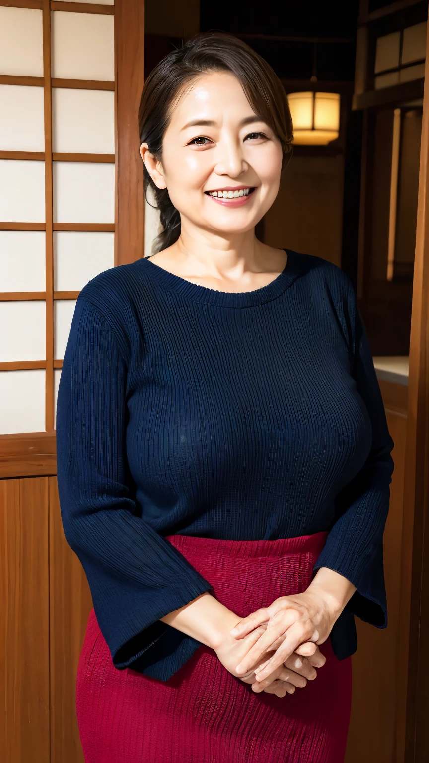 Osaka's aunt、Organic Photography、Highest quality、masterpiece、Ultra-high resolution、Beautiful old lady、50 years old、Full Body Shot,Elegant face、Smiling with teeth showing、Please place your hand on your chest,Large Breasts,Wear short-sleeved knitted clothing,、、High Ponytail,,At a traditional Japanese cafe,Background Blur
