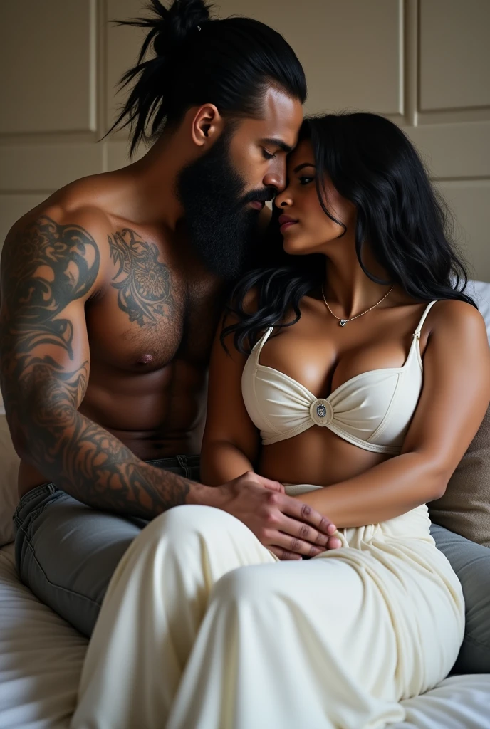 :{Higher resolution of a baddie caramel, latina blasian mixed women with a big booty,colorful tattoos ,glossy skin extremely long wet glossy black hair touching the floor, she is naked , she standing in a door way with soap dripping from her and water falling down her body, bubbles all around,she is smiling with her tongue out, with saliva dripping from her tongue ,sexual look,water splashing, hugging a darkskinned black young man with taper faded waves haircut with face tattoos with a beard tattoos with and a Cuban link that says "OZ” in the shower , water dripping from his body,