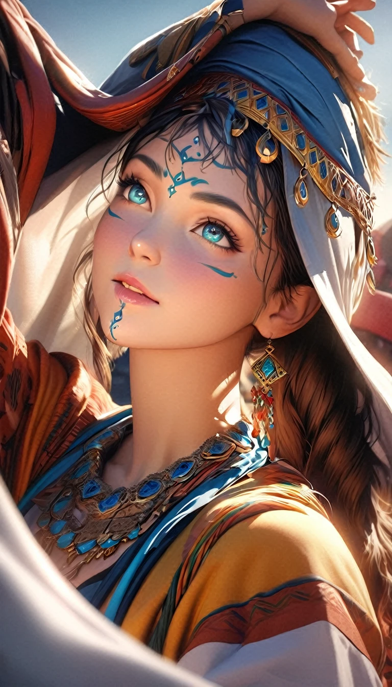 (best quality,photorealistic),vibrant colors, detailed facial features, intricate hair, traditional attire, confident posture, traditional Moroccan jewelry, sunlight illuminating the scene, lively and energetic composition.and her eyes colour is blue 