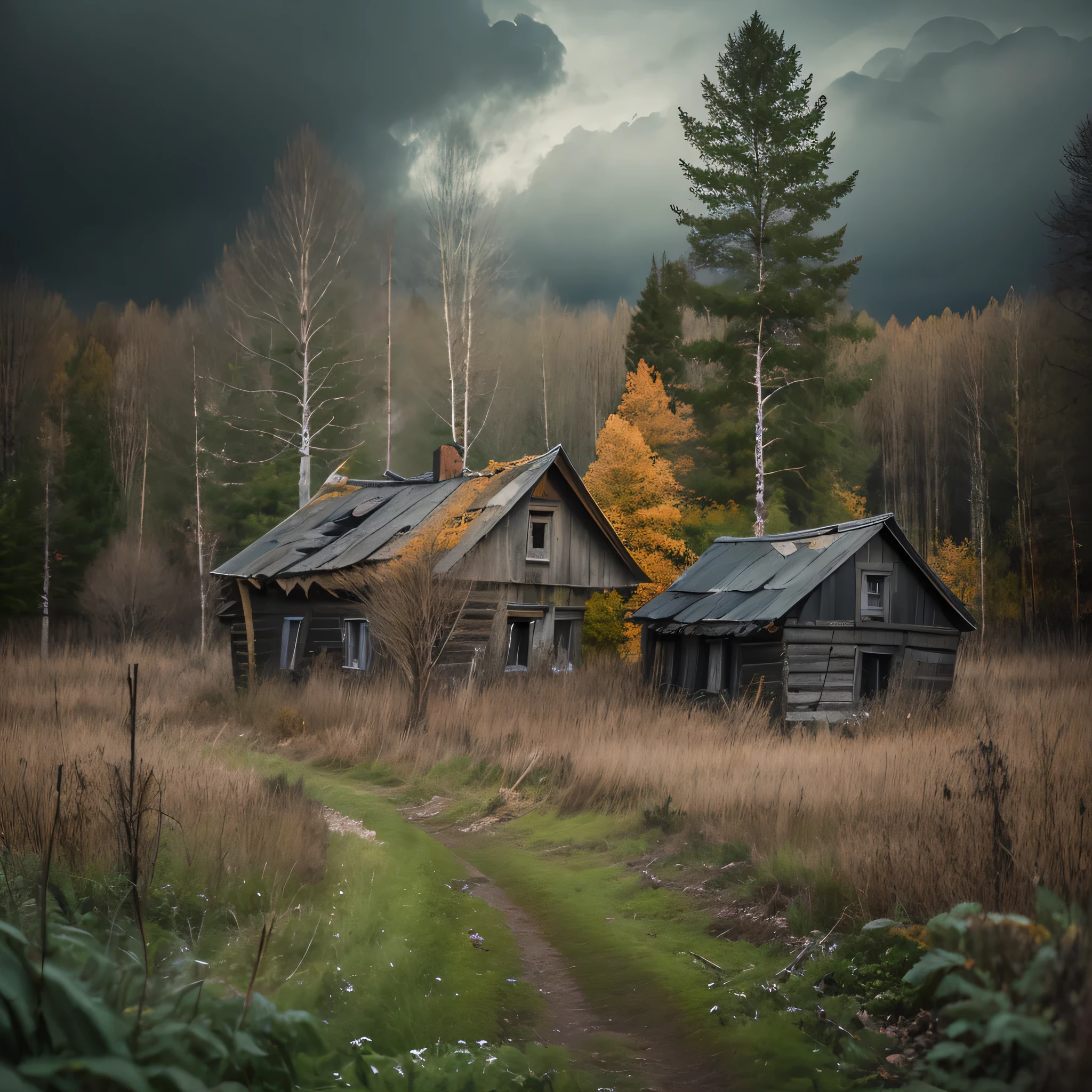 Old houses, forgotten houses, old village, dark forest, depressive atmosphere, Large bushes, thicket, Houses in the thickets, Trees grow from houses, thickets of grass, Birch, autumn, cloudiness, sorrow, melancholy, Lack of storage