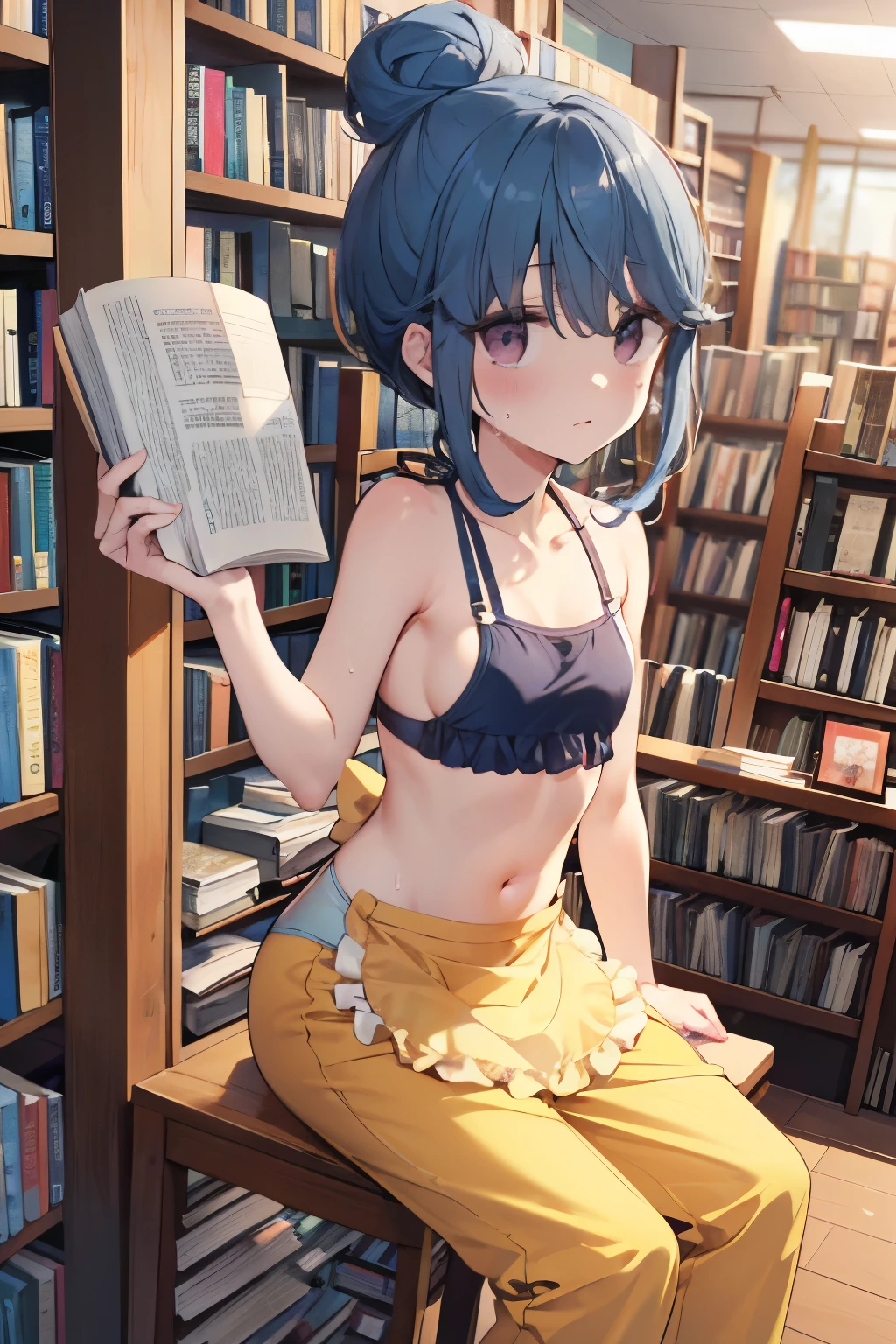 (nsfw), (((book store))), (((apron))), surprise, Close-up of face, bookstore, Hold the book, indoor, Chair, Sit down, Spread your legs,  Hide your pussy with a book, Shima Rin, yuru camp, Shima Rin, kawaii, ****, small breast, (Gorgeous floral hair ornament), , Sideboob, Swim ring,  (((Light blue bikini, Ruffled swimwear bra, Ruffled bikini pants, panties))), Detailed depiction of nipples,  , cute, Sweat, (masterpiece, Highest quality, 8K ultra-high resolution:1.4), Written boundary depth, Focus of the film, From a dramatic angle, Emotional composition, Emotional engine full throttle BREAK Young and cute, Slender body, Flat Chest, Provocative, ((Embarrassed face)), Expressions of affection, Highly detailed glossy skin,Sweat,  topless, Exposed breasts, Shorts, Wet and shiny thighs,
ultra detailed crystal eyes, Eyes like shining jewels