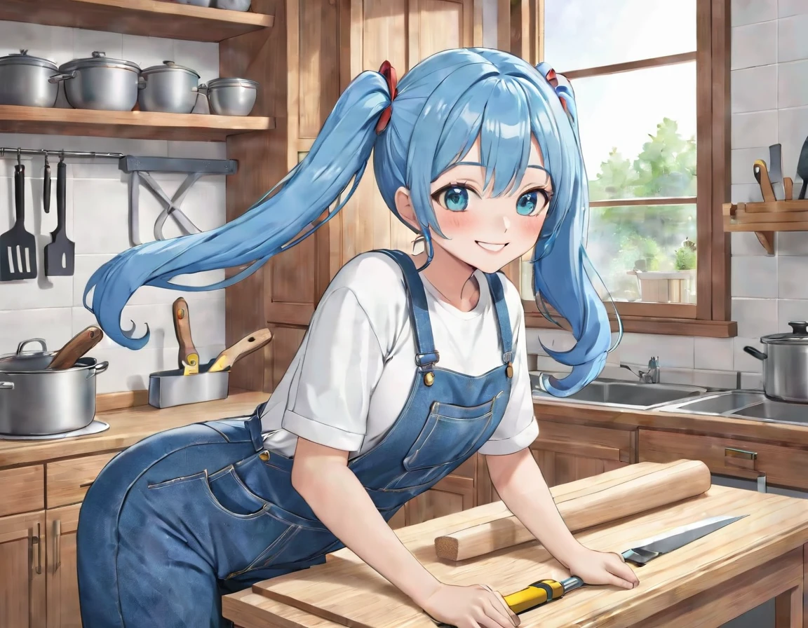 Light blue long hair、Carpenter, a beautiful girl with twin tails、Denim jumpsuit、Bright smile、I am renovating the kitchen、There are lots of carpentry tools、Planing wood with a plane、