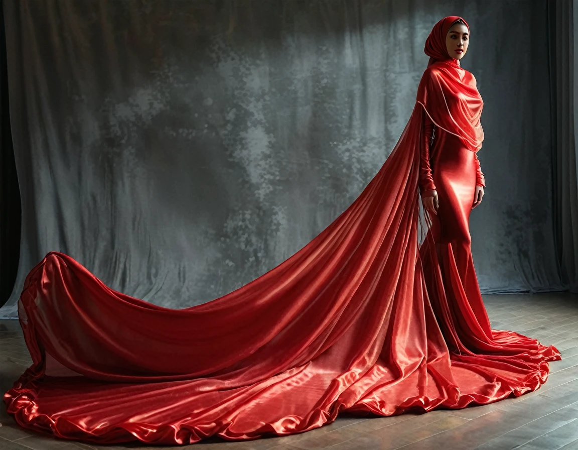 A woman shrouded in a 10-meter-long, plush red semi transparent satin shimmer cloth, slim body with big breast, tightly bound and grandly draping along the form of her body, flowing off into a pooled floor-length train, styled in a mermaid-inspired outfit, her head modestly veiled in a satin hijab, tall woman, strugle to move, standing in photo studio, a full-body pose conveying a sense of mysterious elegance, captured in a 4k resolution, ultra-realistic