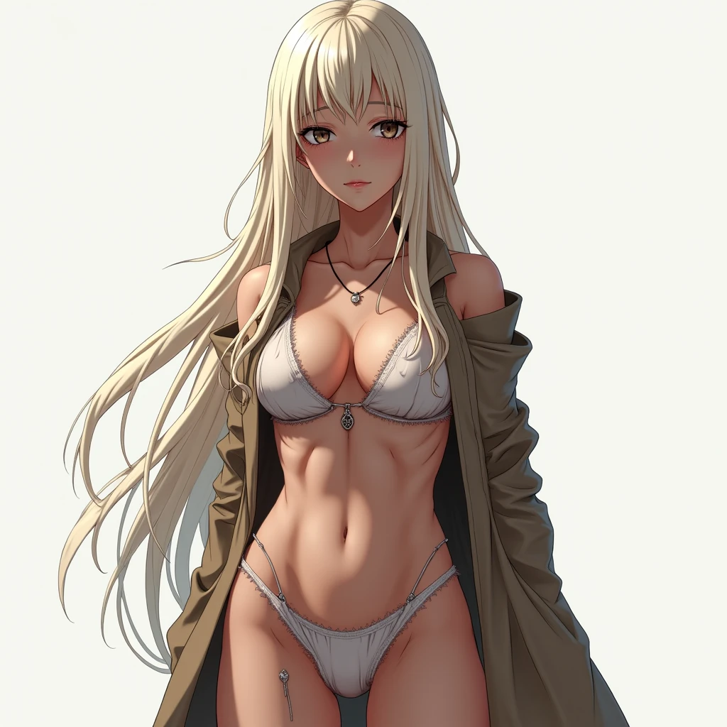 1girl, beach, bikini, black bikini, black jacket, blonde hair, blue sky, blush, breasts, cloud, day, floating hair, grey eyes, halterneck, jacket, jewelry, large breasts, long hair, looking to the side, navel, necklace, outdoors, ponytail, skindentation, sky, solo, stomach, string bikini, swimsuit, thigh gap, very long hair, (masterpiece), (highest quality), (intricate), (high detail), sharp focus, HDR, ((photorealistic|realistic):1.5)