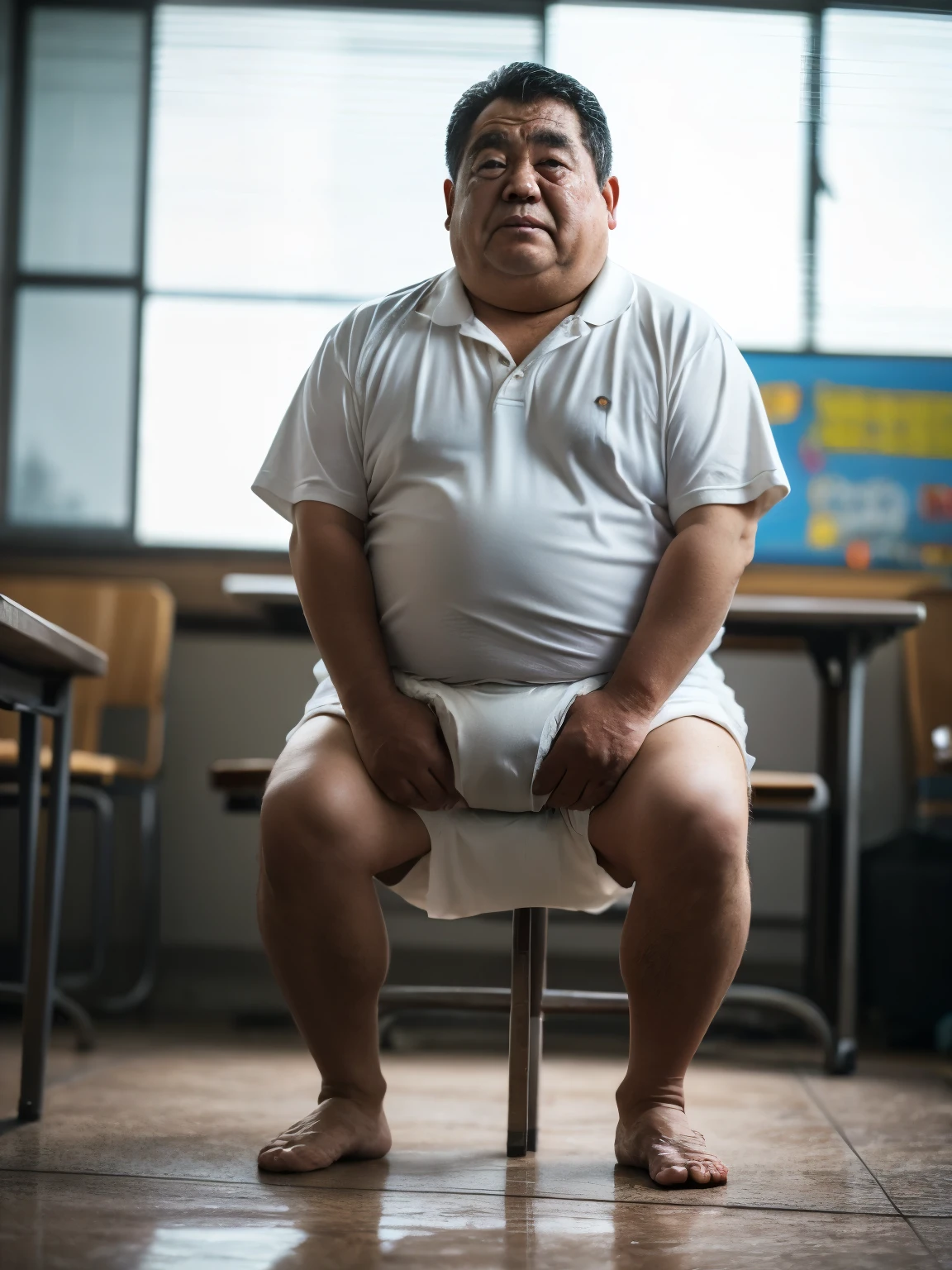 A little heavy man is 50yo, retarded, dwarfism, crew cut, stand to attention at classroom in kindergarten, He only wears a Diaper, White Fundoshi, He is holding back his pee pee, Acting timidly, slouching look down, Bowleg, incontinent, scared, Weak, sobbing, tearful, There is a small puddle at his feet, thin hair, a picture, high detail photo, 32K, masterpiece, Ultra-realistic high quality, Highest quality, Anatomically correct, Ahegao, tears, I want to cry, Character portrait,