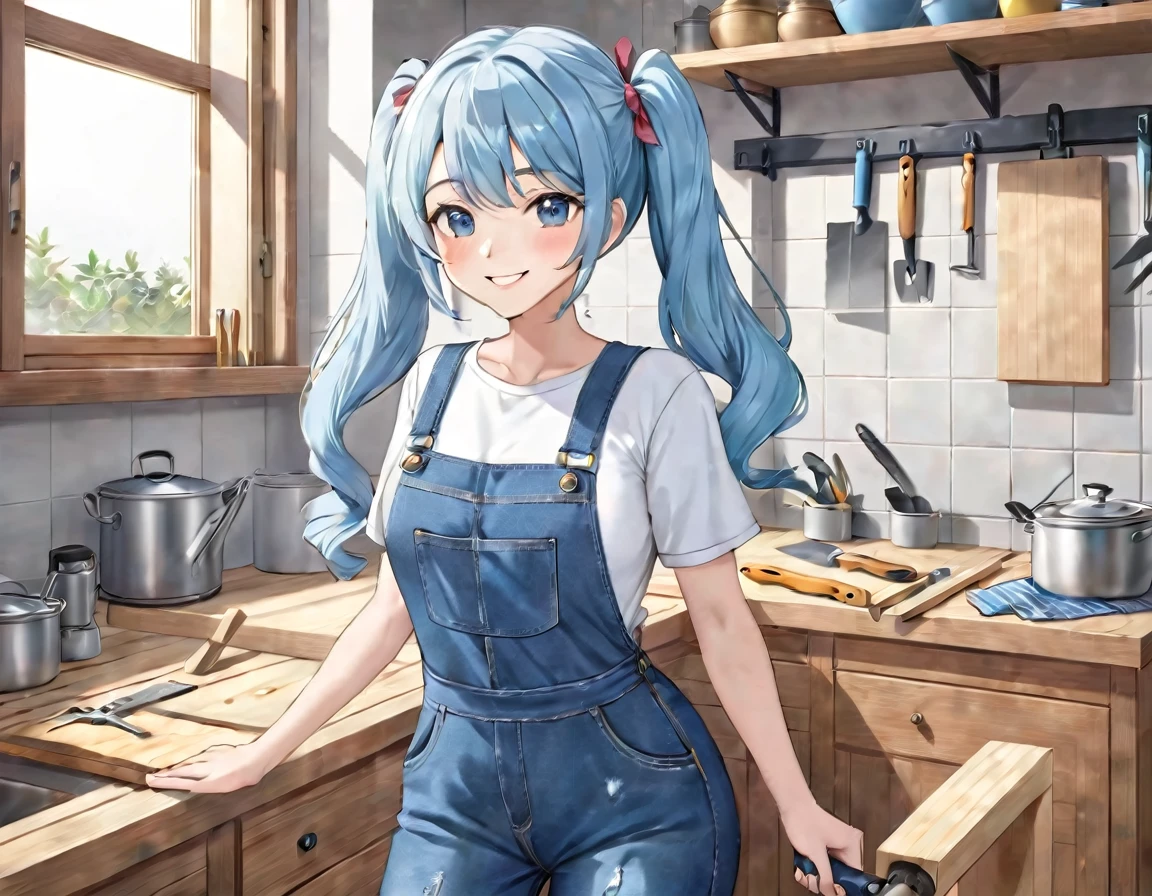 Light blue long hair、Carpenter, a beautiful girl with twin tails、Denim jumpsuit、Bright smile、I am renovating the kitchen、There are lots of carpentry tools、Planing wood with a plane、Drills and saws、Lots of canna shavings