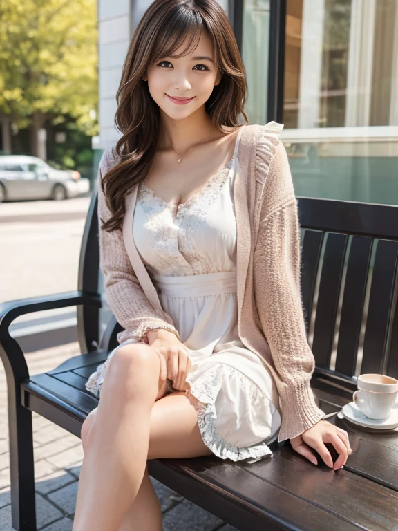 (Early autumn date), ((pastel cardigan)), ((Summer dress with fine lace and frills)),
View your viewers, A Japanese woman in college, (One woman:1.2), She has very beautiful, radiant skin, Perfect Face, Cute and symmetrical face, Glowing Skin, 
Bright brown hair, medium hair, Wavy Hair, Keeping her hair together, Makeup, 
Beautiful Hair, Beautiful Face, Beautiful attention to detail, Beautiful body, Beautiful breasts, Beautiful thighs, Beautiful feet, Beautiful fingers, 
(In front of a fashionable café), Beautiful view of the park from the window, Are standing, Arms crossed, (Cute smile), (8k, RAW photo, Best quality, Masterpiece:1.2), (Realistic, Photo-realistic:1.4), Ultra-detailed, Shallow depth of field, Perfect anatomy, Perfect limbs, Perfect hand, Perfect eyes, Perfect body, smile, Double eyelids, (Natural Side Lighting, Cinema Lighting), 