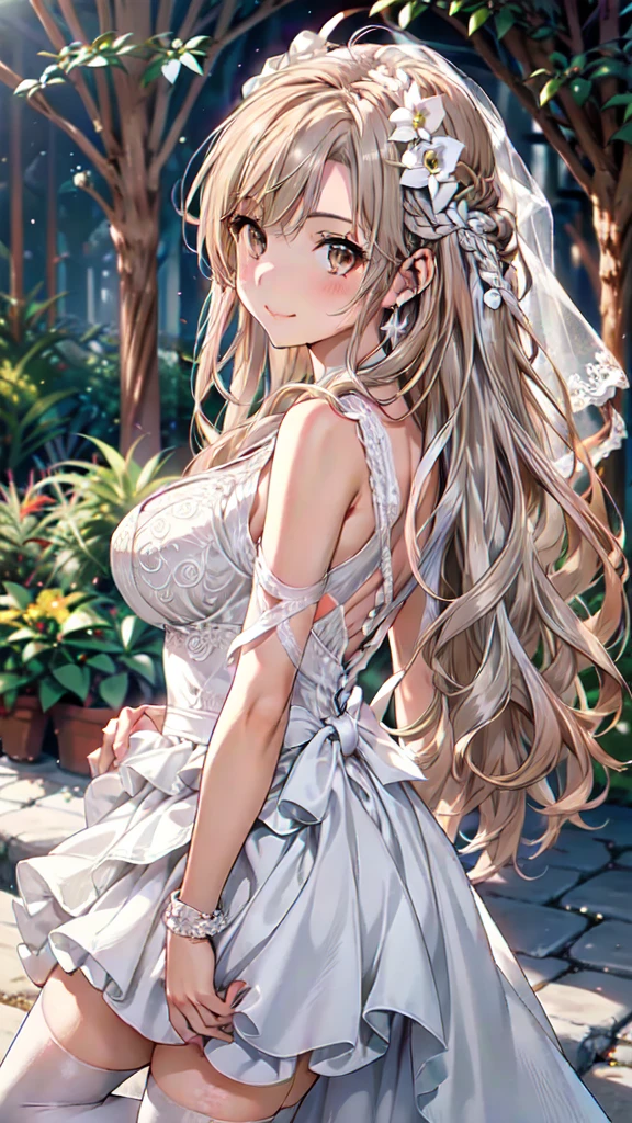 ccasuna, (masterpiece, Highest quality, beautifully、beautiful:1.3), (teenager), One girl, alone, Cute Smile, (Silvery 茶hair with reddish brown streaks:1.4), (Gradient 茶hair tip:1.6), hair, Ridiculously long hair, One side lock, ウェーブのかかったhair, 輝くhair, 浮かぶhair, (Deep Brown eyes), Delicate eyes, Brown eyes, Very beautiful eyes, Long upper eyelashes, Compensate, Focus on the face, Very detailed facial, Pretty face, Perfect breasts, Hot body, (Delicate skin texture:1.2), Bridal Veil, (sexy wedding dress, Frilled mini skirt, White knee socks, High heels, Exposing shoulders), Outdoor, White Rose, garden, morning, Are standing, Very detailed, ((cinematic angle)),