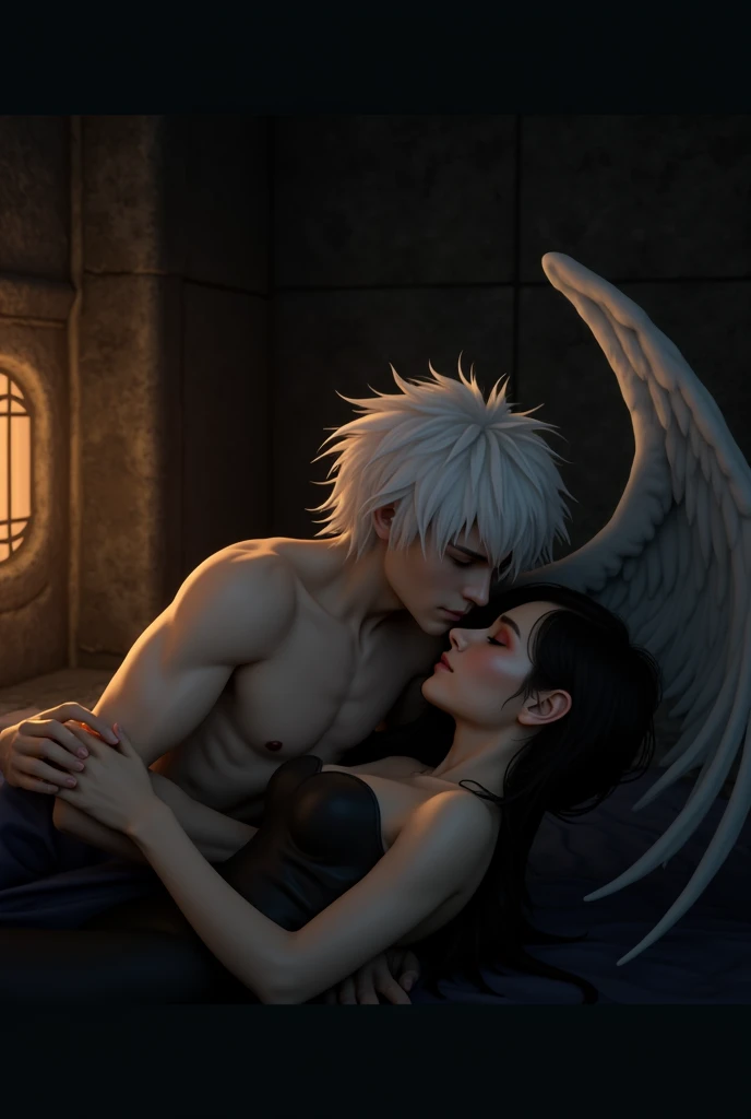 shaved hair, ultra high resolution, best quality, photo, 4k, (photorealistic: 1.4), cinematic lighting, a male angel with large translucent wings, fat man, abdominal muscle, black man looking up, skin texture, portal of the future, volumetric light, HD, magic, god light, backlighting, detailed face, counterparted, smooth skin