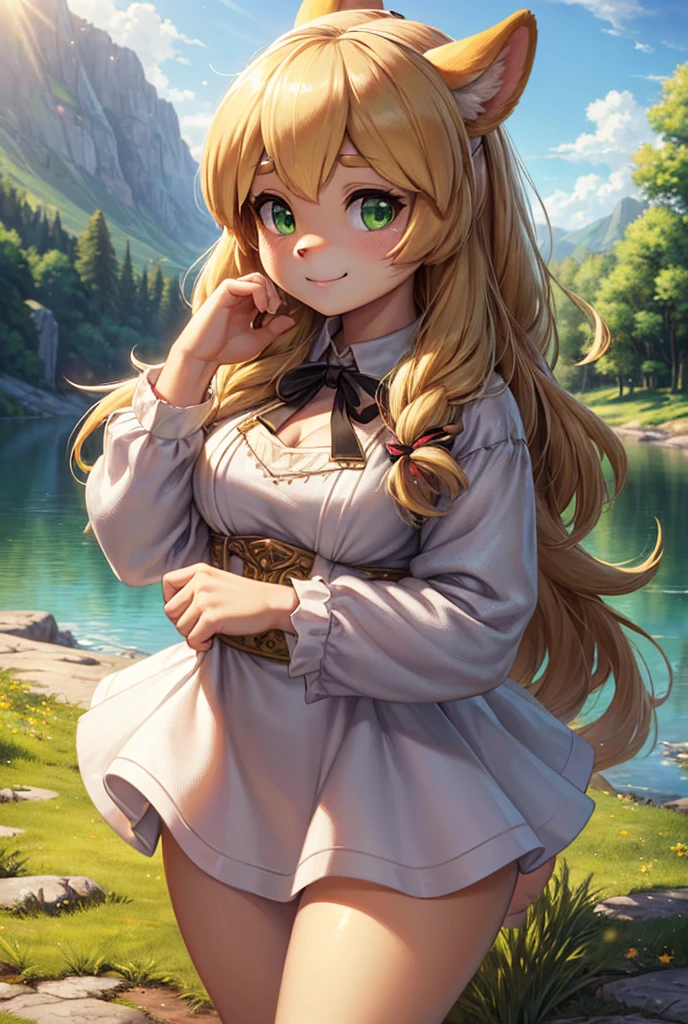 Isabelle, animal crossing, white dress, medium bust, fluffy tail, unfurling skirt, looking at camera with sparkling deep green eyes, round eyebrows, soft smile, standing on a hill overlooking a lake, furry ears and feet, long wavy hair, wearing a large black ribbon, medieval fantasy costume,(best quality,4k,8k,highres,masterpiece:1.2),ultra-detailed,(realistic,photorealistic,photo-realistic:1.37),HDR,UHD,studio lighting,ultra-fine painting,sharp focus,physically-based rendering,extreme detail description,professional,vibrant colors,bokeh,pop art style,concept art landscape,warm soft lighting,jewelry