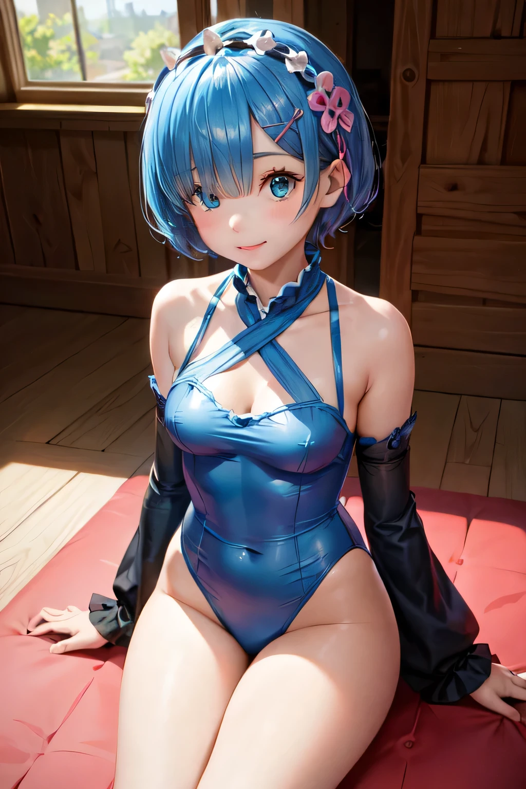 short hair、× Hair Accessories、Hair on one eye、(Low height:1.5),very cute and beautiful girl,(Very detailed美しい顔),(Pink leotard:1.2),No sleeve,(smile),blush,
Sitting on a wooden gym training mat,(Spread your legs:1.12),Cowboy Shot,hair band,Black Hair,View your viewers,
(Highest quality,masterpiece:1.0),Absurd,High resolution,Very detailed,Very detailed,32K,8k resolution,
Intricate details,Movie Scenes,Detailed Background,alone,Dynamic Angle,