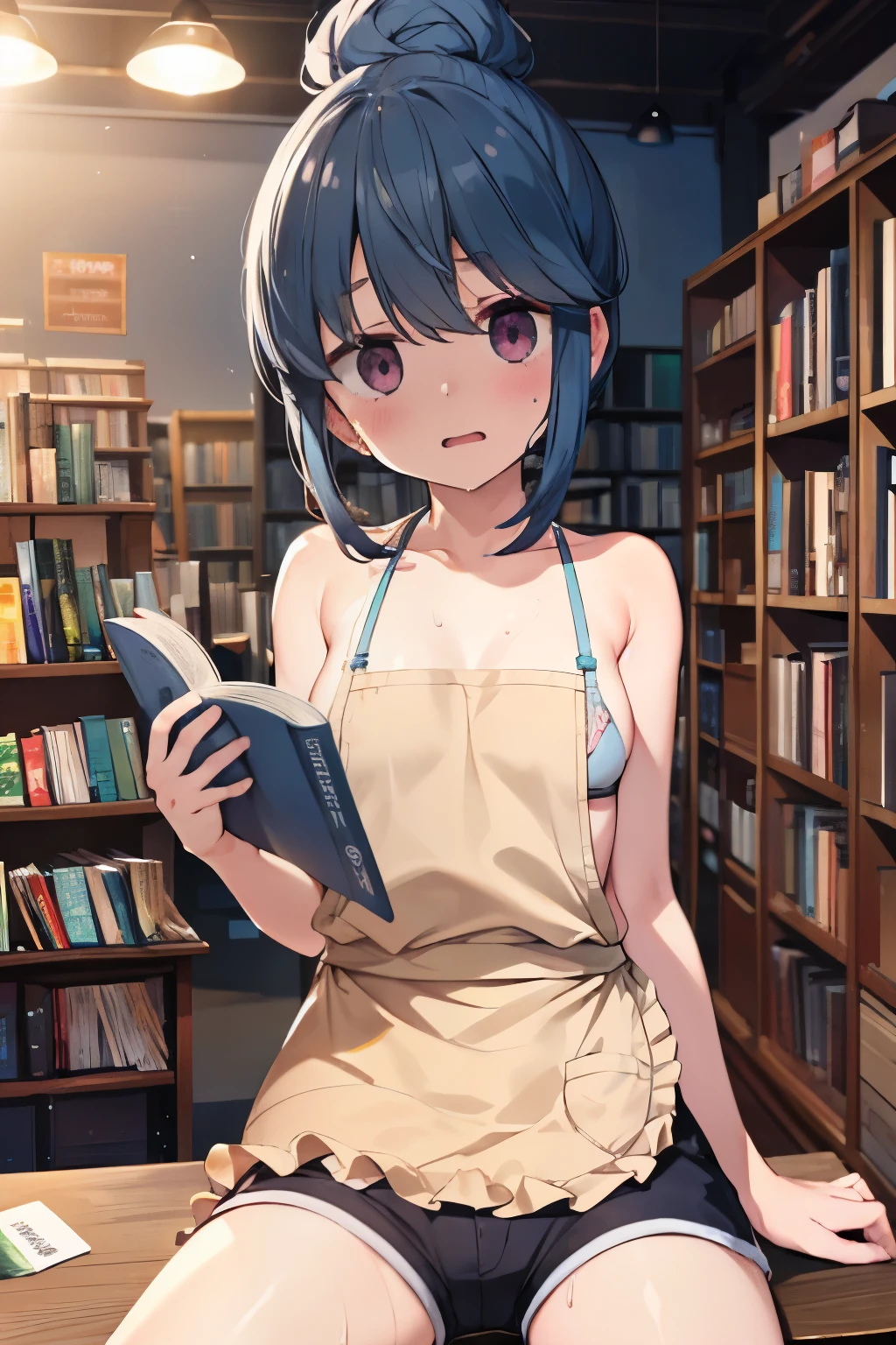 (nsfw), (((book store))), (((apron))), surprise, Open your mouth, Sweat, Close-up of face, bookstore, Hold the book, indoor, Chair, Sit down, Spread your legs,  Hide your pussy with a book, Shima Rin, yuru camp, Shima Rin, kawaii, ****, small breast, (Gorgeous floral hair ornament), , Sideboob, Swim ring,  (((Light blue bikini, Ruffled swimwear bra,Shorts))), Detailed depiction of nipples,  , cute, Sweat, (masterpiece, Highest quality, 8K ultra-high resolution:1.4), Written boundary depth, Focus of the film, From a dramatic angle, Emotional composition, Emotional engine full throttle BREAK Young and cute, Slender body, Flat Chest, Provocative, ((Embarrassed face)), Expressions of affection, Highly detailed glossy skin,Sweat,  topless, Exposed breasts, Shorts, Wet and shiny thighs,
ultra detailed crystal eyes, Eyes like shining jewels