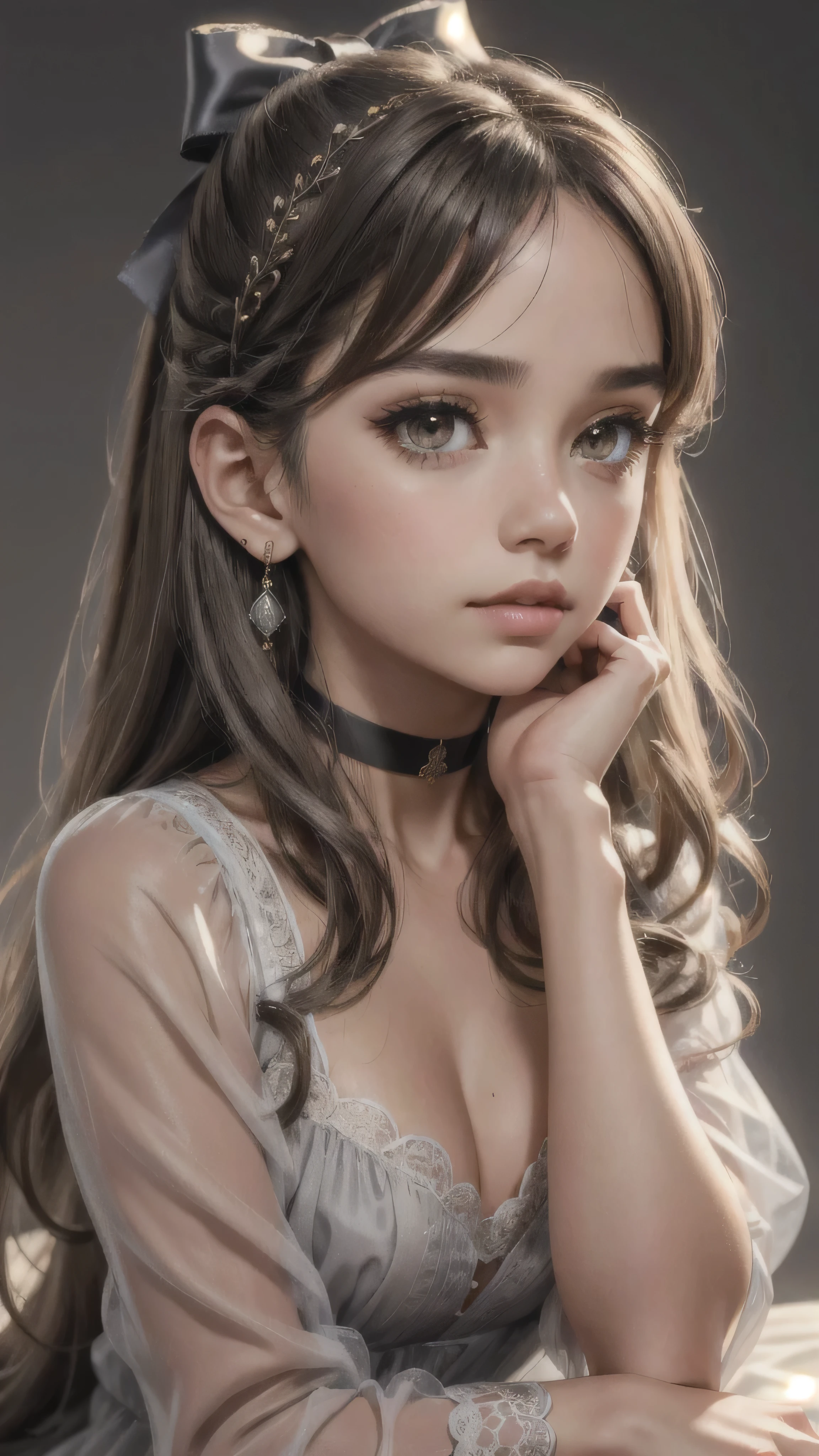 cute, ultra-detailed, illustration full body, intricate, detailed, extremely detailed, detailed face, soft lighting, soft light, soft focus, perfect face, beautiful, accurate anatomy, overexposure, 8k, 4k, (highres:1.1), best quality, (masterpiece:1.3), 1girl, solo, jewelry, brown eyes, looking at viewer, earrings, grey hair, bangs, choker, closed mouth, portrait, hair ornament, simple background, grey background, long hair, head rest, lips, hair bow, black choker, bow, eyelashes