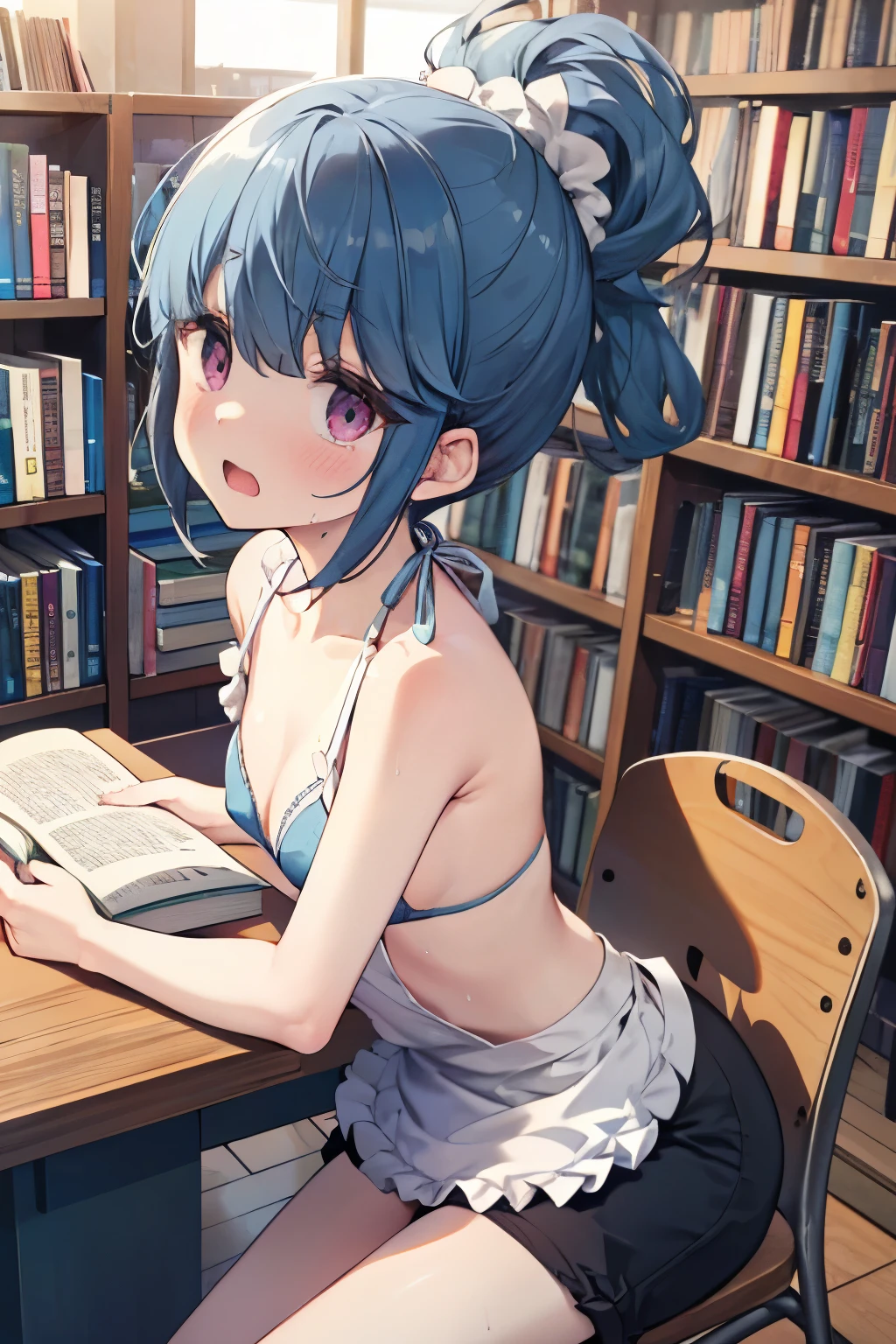 (nsfw), (((book store))), (((apron))), surprise, Open your mouth, Sweat, Close-up of face, bookstore, Hold the book, indoor, Chair, Sit down, Spread your legs, Cashier counter, Hide your pussy with a book, Shima Rin, yuru camp, Shima Rin, kawaii, yo, small breast, (Gorgeous floral hair ornament), , Sideboob, Swim ring, (((Light blue bikini, Ruffled swimwear bra,Shorts))), Detailed depiction of nipples, , cute, Sweat, (masterpiece, Highest quality, 8K ultra-high resolution:1.4), Written boundary depth, Focus of the film, From a dramatic angle, Emotional composition, Emotional engine full throttle BREAK Young and cute, Slender body, Flat Chest, Provocative, ((Embarrassed face)), Expressions of affection, Highly detailed glossy skin,Sweat, topless, Exposed breasts, Shorts, Wet and shiny thighs,
ultra detailed crystal eyes, Eyes like shining jewels