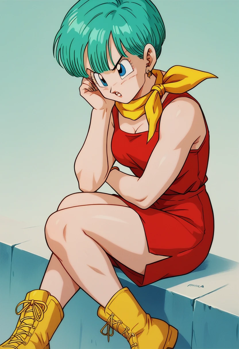 Bulma, aqua colored hair, blue eyes, yellow scarf wrapped around her neck, red dress, yellow boots, trailers.