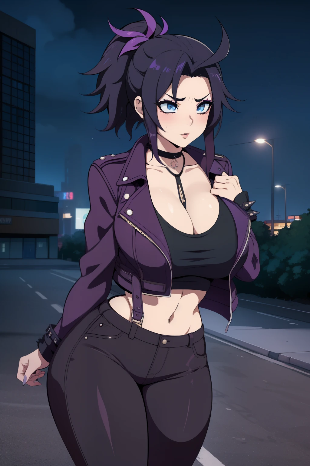 20 year old woman, busty, huge tits, round breasts, bubble butt, hourglass figure, skinny, blushing, scared expression, horny, seductive, black hair, short hair, spiky hair, purple streaked hair, messy hair, wearing wearing tight white crop top, black jeans, purple cropped jacket, choker, high heels, tight fitting clothing, cleavage, middrift, anime, city at night, outside, punk, punk style, punk hair, doujin style, manga, flat colours, 2d manga, cowboy shot, purple colour scheme, indigo colour, action pose, heavy makeup, kissable lips, breasts squeezed between arms, 2d art, anime