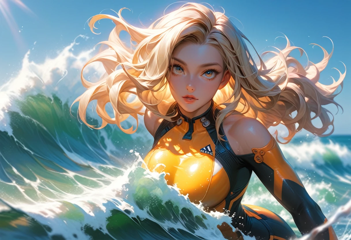 a woman surfing on big waves, high detailed woman, beautiful detailed eyes, beautiful detailed lips, extremely detailed face and skin, long eyelashes, blonde hair, athletic body, adrenaline, action, motion blur, ocean waves, foamy water, blue sky, bright sunlight, golden hour, warm color tones, hyper detailed, cinematic lighting, masterpiece:1.2
