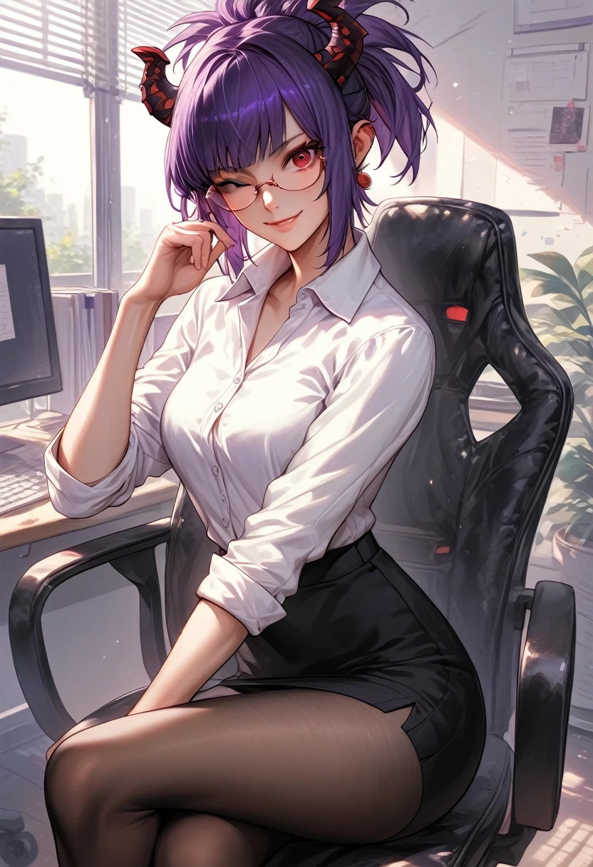 score_9, score_8_up, score_7_up, source_anime, solo, 1girl, pcshinobu, light smile, looking at you, sitting, swivel chair, short hair, purple hair, black horns, broken horn, red eyes, one eye closed, glasses, white shirt, collared shirt, sleeves rolled up, black skirt, pencil skirt, black pantyhose, indoors, office 