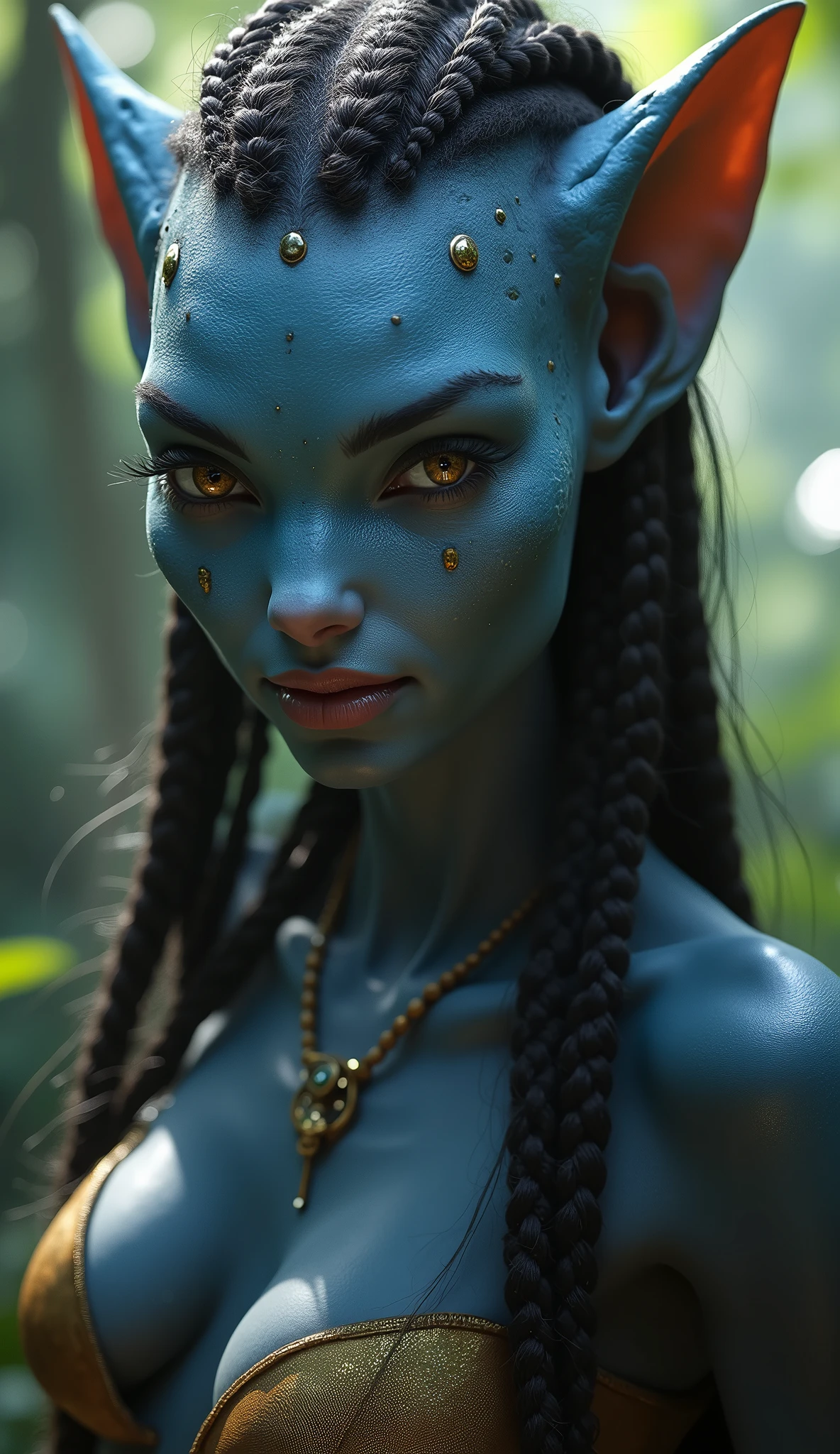 masterpiece, best quality, 1girl, tsireya, facial mark, black hair, long hair, blue eyes, (blue skin, colored skin:1.3), loincloth, solo, upper body, looking at viewer, futuristic city lights, sunset, buildings, urban scenery, neon lights | bokeh, depth of field <lora:Tsireya:1>