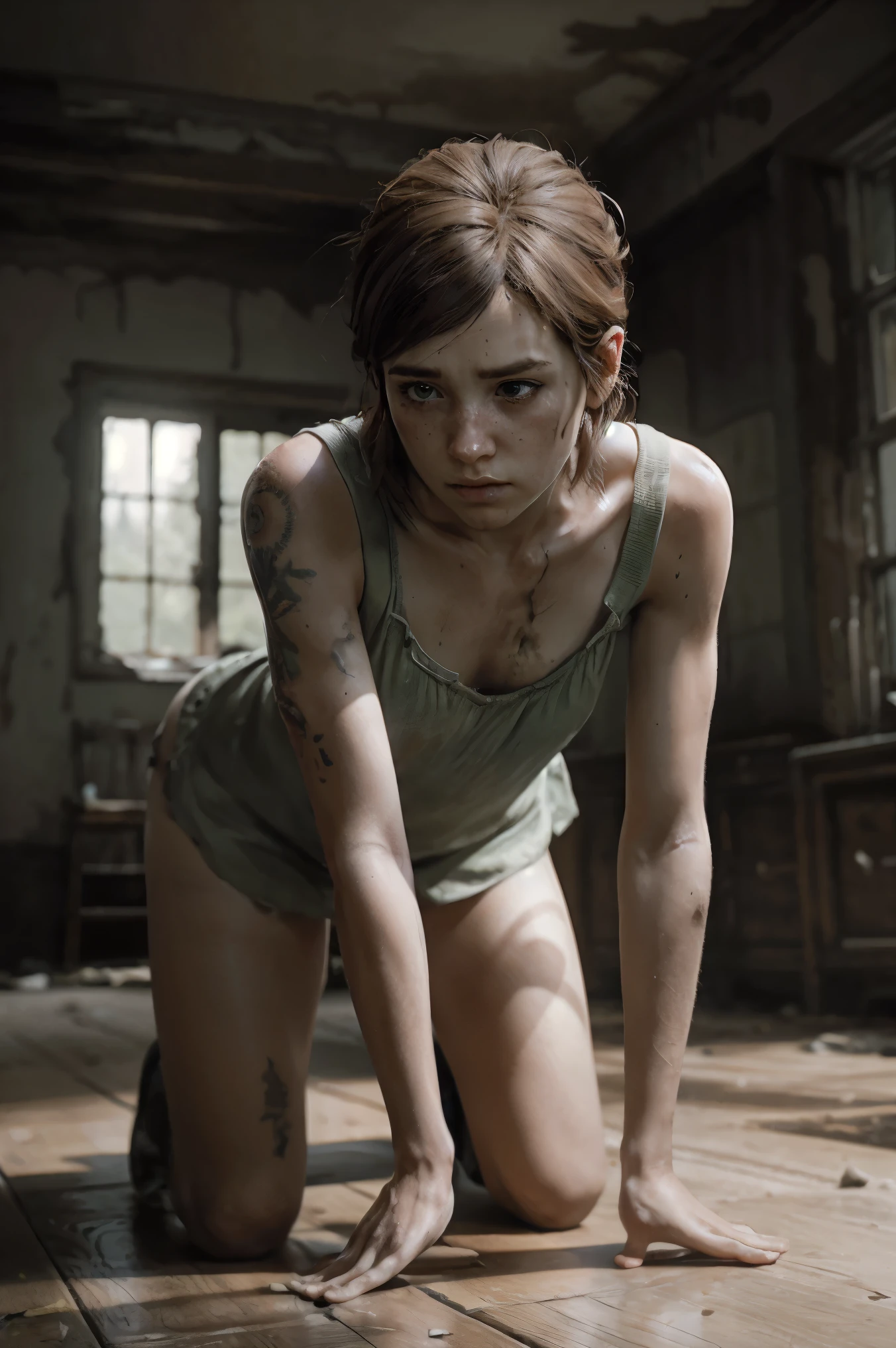 candid shot, TLOU2Ellie, chestnut hair, greeneyes, chemise, no pants, standing on all fours ((standing on all fours)) looking over his shoulder, looking serious, parted lips, sitting down, Wearing green socks, destroyed house, post apocalyptic, high qualiy, Artwork, 