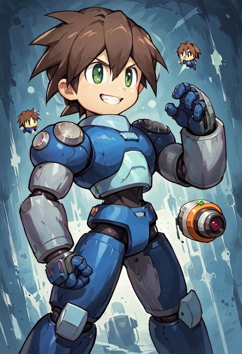 Highest quality,RAW Photos,Professional Art Works,Guts pose,m3g4m4n,Blue Armor,Muscular,Brown Hair, boy,Chibi,male focus, brown hair, green eyes, 独奏, android, hair between eyes,Wicked Smile