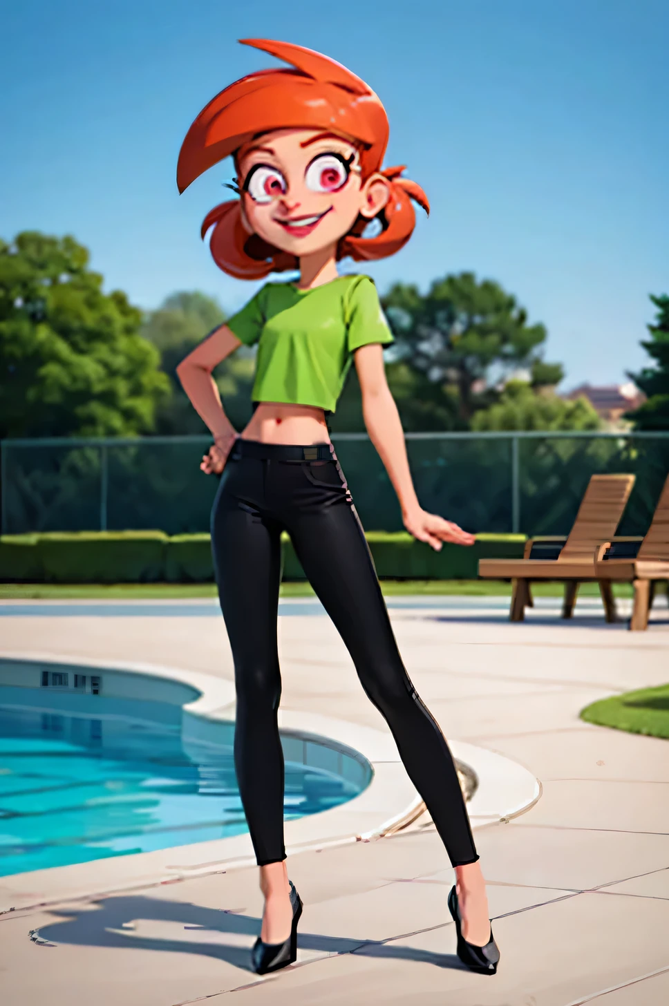 Vicky, pink eyes, Orange hair, Horse tail, Red lipstick,green crop top, diaphragm, Black pants, black shoes, looking at the viewer, smiling, full body shot, standing, outside, inner patio, next to the pool, blue sky, high quality, masterpiece,  