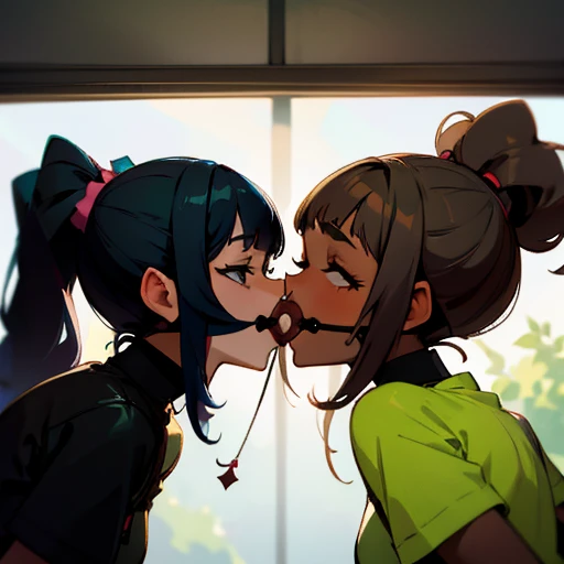 2 interracial girls kissing with a double gag, poop is inside there mouths