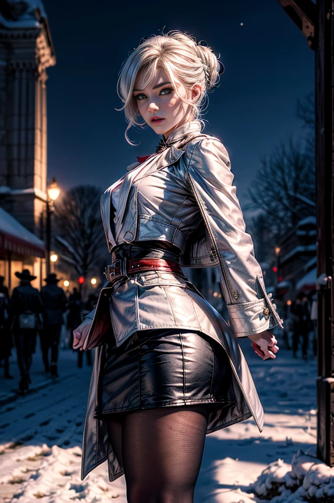 masterpiece,best quality, masterpiece, high detail,detailed face,detailed eyes,rendered eyes,perfect eyes,hip lines,crisp image,detailed,amazing,8k,8k wallpaper,8k background,high detailed skin,high res, (((cowboy shot))), solo, 1girl,looking at viewer,WillowSchnee, white hair tied up in a bun, low on the right side of the back of her head, while her bangs are shaped around the left side of her face and a small, curled lock of hair reaching almost to her shoulders. Her attire consists of a white cravat secured by a silver brooch set with a red stone, as well as a light purple jacket with light sleeves, a wide belt around her waist, a matching pencil skirt with black tights and slippers. serious expression, standing outside gothic concert hall, after snowfall, red carpet event, crowd, (crowd in military dress), (volumetric lighting), sharp focus, hyper detailed 