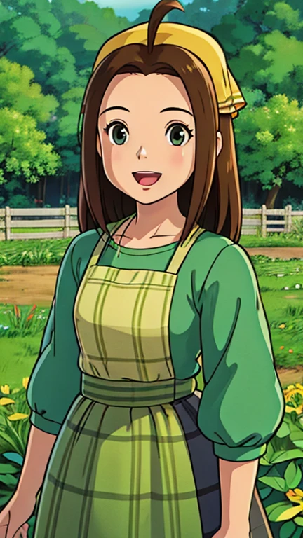 (1girl, celia), (extremely detailed CG unit 8k wallpaper),(master part), (best quality), (ultra detail), (best illustration),(ghibli style), cowboy shot, (Sharp eyeliner, ombre, detailed eyes:1), farm, field, grass, plants, digital art, break , upper body, brown hair, grey eyes, plaid apron, green dress, yellow bandana, :D, smile, 