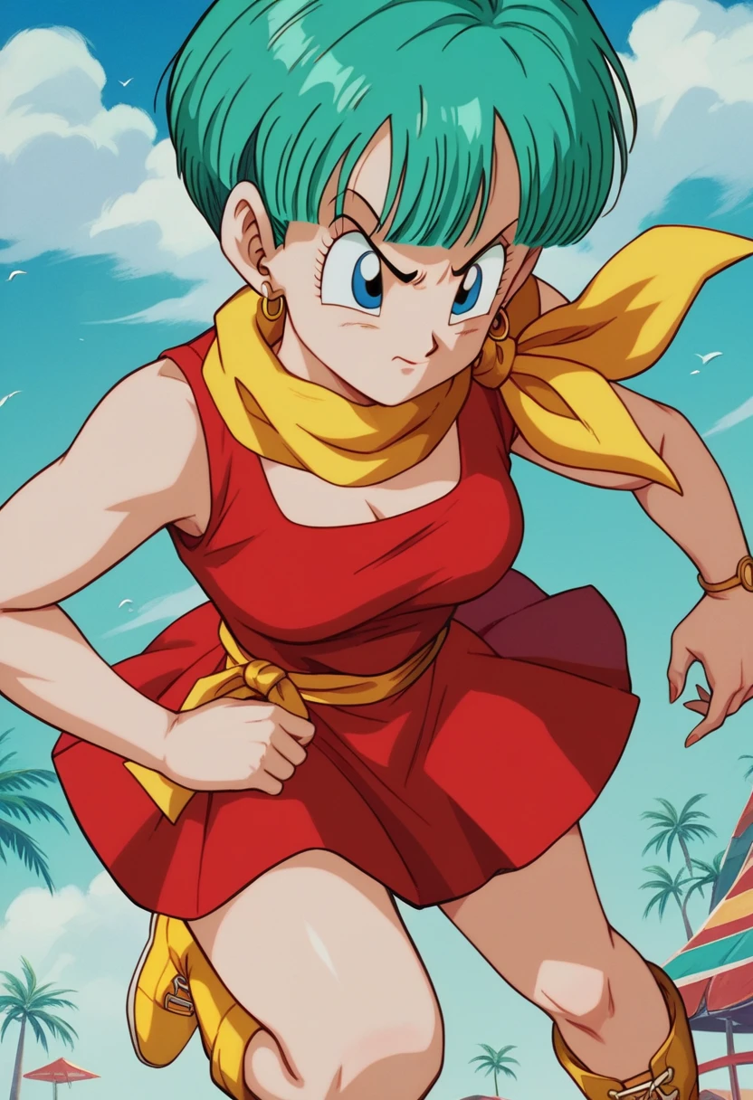 Bulma, aqua colored hair, blue eyes, yellow scarf wrapped around her neck, red dress, yellow boots, trailers.