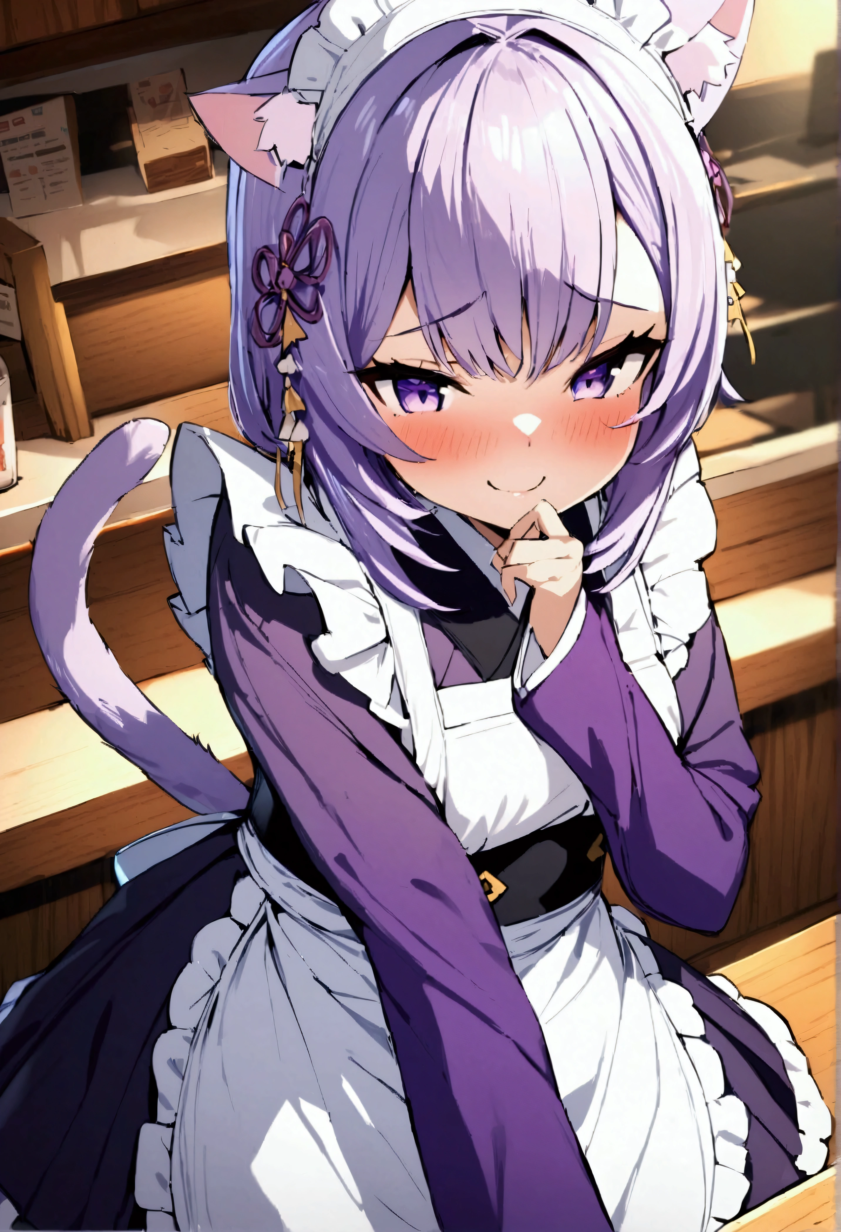 NSFW,masterpiece,Highest quality,High resolution,Very detailed,Cat porridge\(Hololive\),Purple Hair,Cat ear,tail,Purple Eyes,kimono、kimono、White apron、紫色のkimono、hair ornaments、Long sleeve、maid、和maid、Sleeve length up to the wrist、Frilled Apron、Purple sleeves,Bad Smile,Seduce,Lustful face,Coffee shop,counter