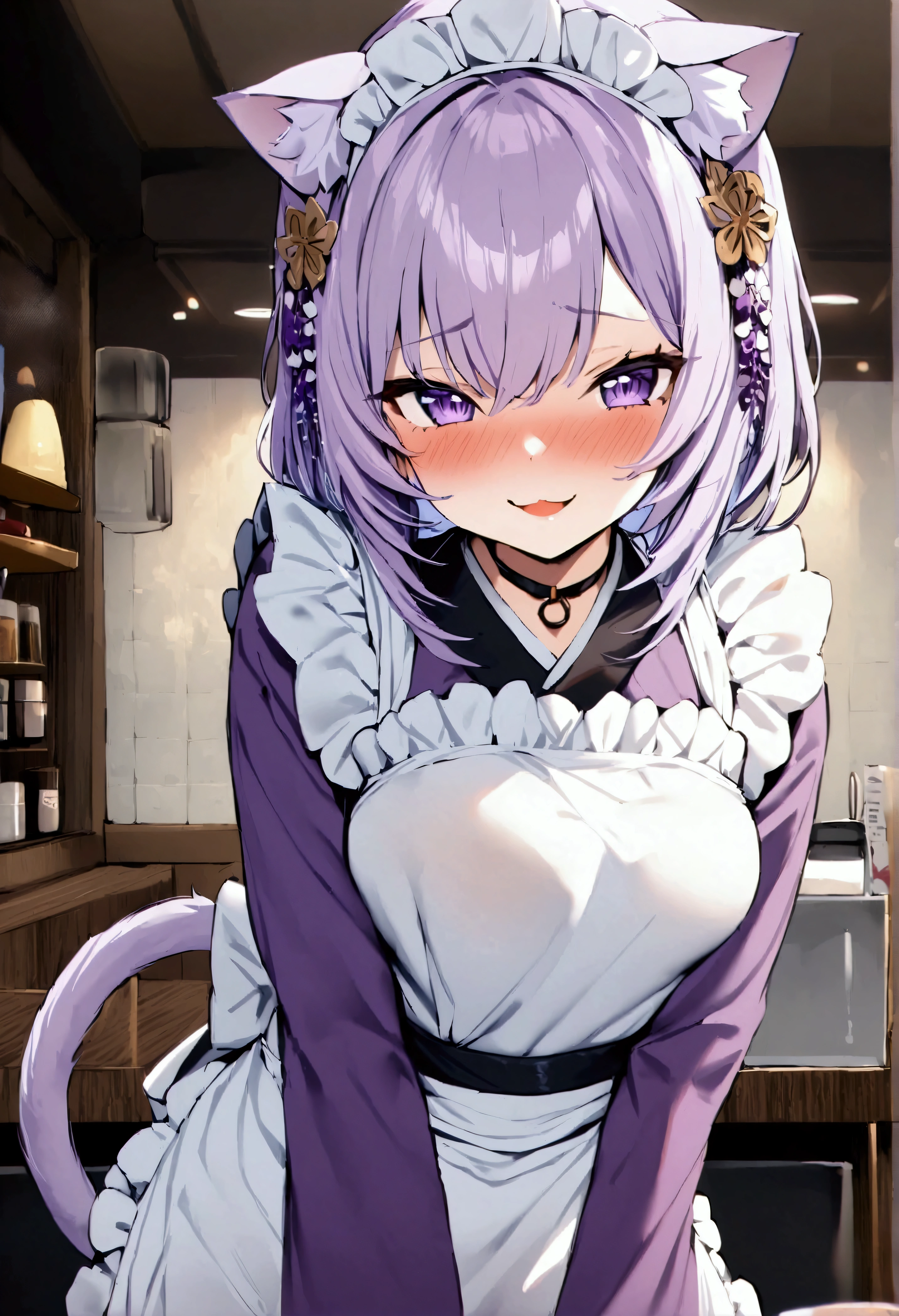 NSFW,masterpiece,Highest quality,High resolution,Very detailed,Cat porridge\(Hololive\),Purple Hair,Cat ear,tail,Purple Eyes,kimono、kimono、White apron、紫色のkimono、hair ornaments、Long sleeve、maid、和maid、Sleeve length up to the wrist、Frilled Apron、Purple sleeves,Bad Smile,Seduce,Lustful face,Coffee shop,counter