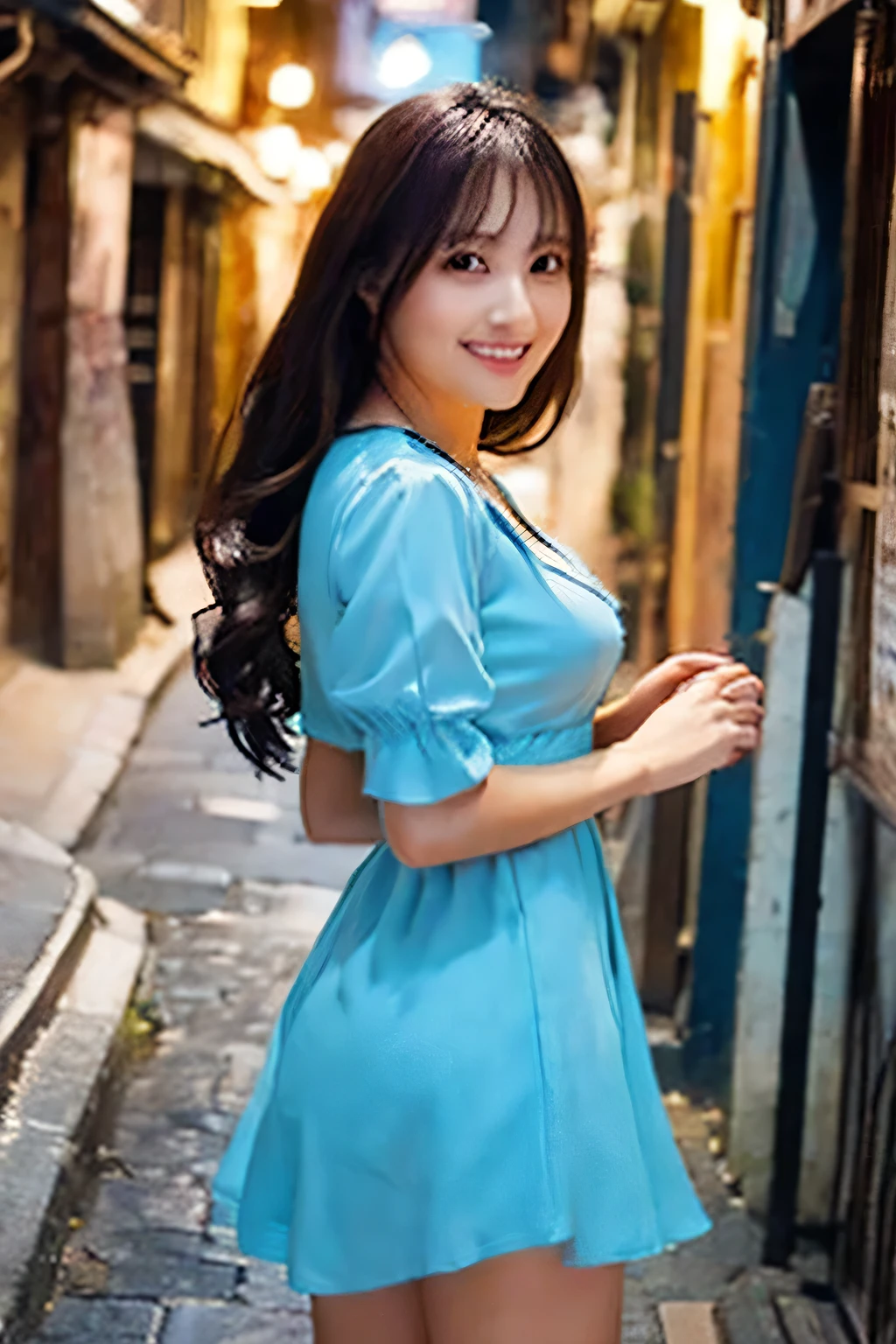 (masterpiece: 1.2, Highest quality), (Actual photo, Intricate details), woman, alone, Are standing, sexly, Ultra Hentai, Brown long hair, Overlooking, Looking at this, smile, The scene is a back alley at night., Are you standing in the back alley?, Bust size is H cup, She is wearing a light blue dress with an open chest.