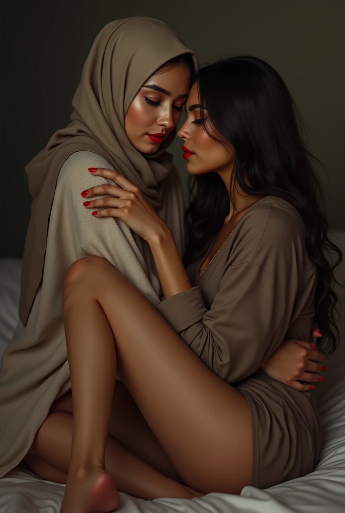 2woman, 41-Years-Old,Female Teacher, Hijab Beautiful Indonesian Mature Woman, Wearing Tight Gamis, wearing bra, White Porcelain Skin, Realistic Ultra-Droopiest Gigantic Breast : 2, Lesbian Scene, deeply in Lustful, sharing kissing and groping breast",look to the camera