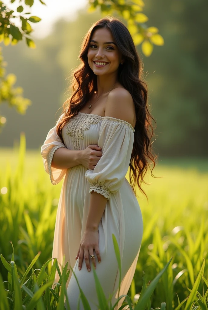 A brunette girl with curly hair and big breasts sits with her legs stretched out, taking a realistic photo
