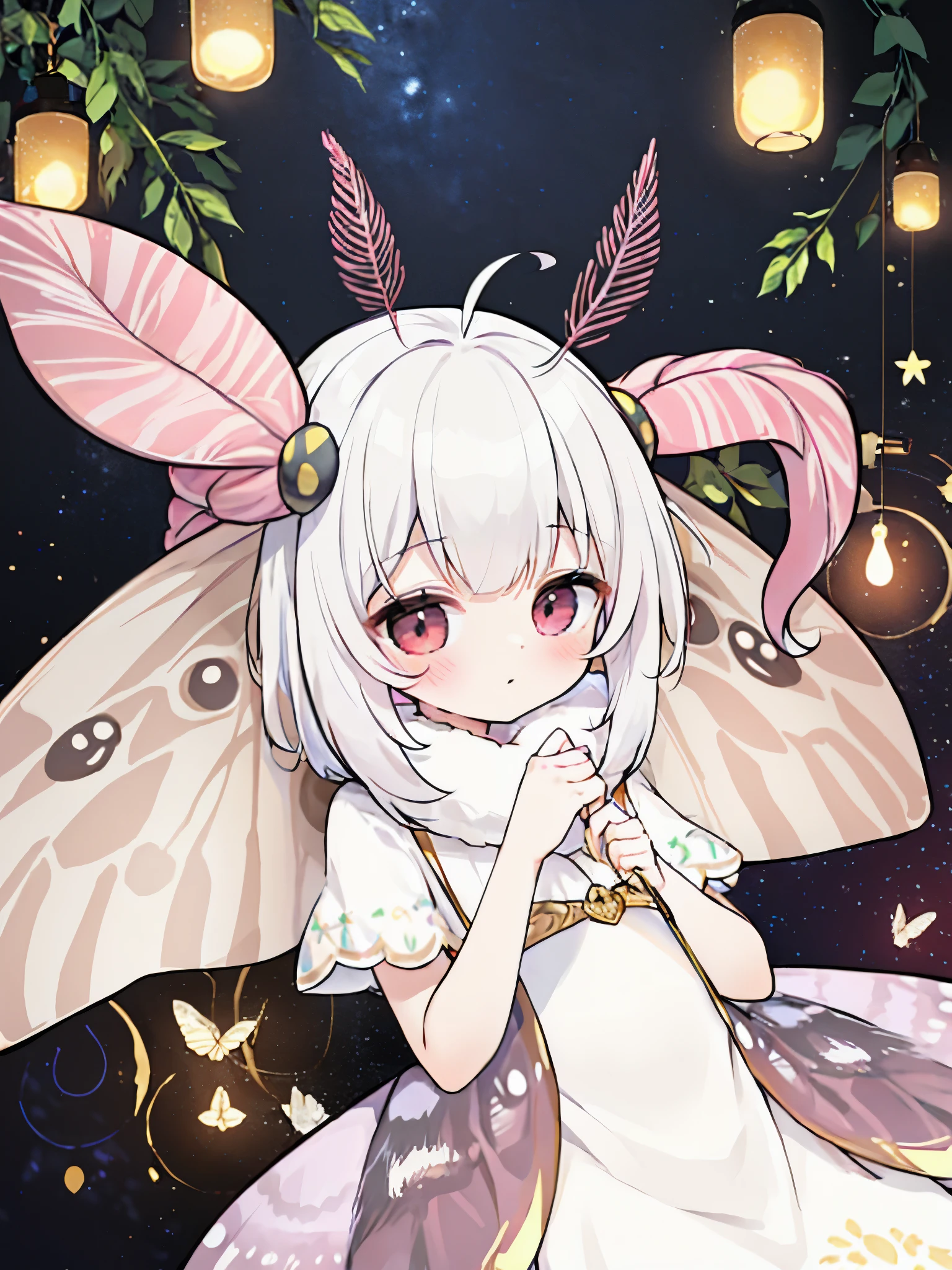 
solo,1girl\(cute,kawaii,age of 12,skin color white,short white hair,(big moth wing hair:1.7),white dress\(beautiful race\),(2moth antennaes at hair:1.8),[moth wing on back:2.0],[moth wing on body:2.0],[moth wings:2.0],[extra arm:1.5],moth wing is only at hair,dynamic pose\), BREAK ,background\(dark night,beautiful moon,beautiful stars,((beautiful street lights))\), BREAK ,quality\(8k,wallpaper of extremely detailed CG unit, ​masterpiece,hight resolution,top-quality,top-quality real texture skin,hyper realisitic,increase the resolution,RAW photos,best qualtiy,highly detailed,the wallpaper,cinematic lighting,ray trace,golden ratio,\),(dynamic angle:1.3)