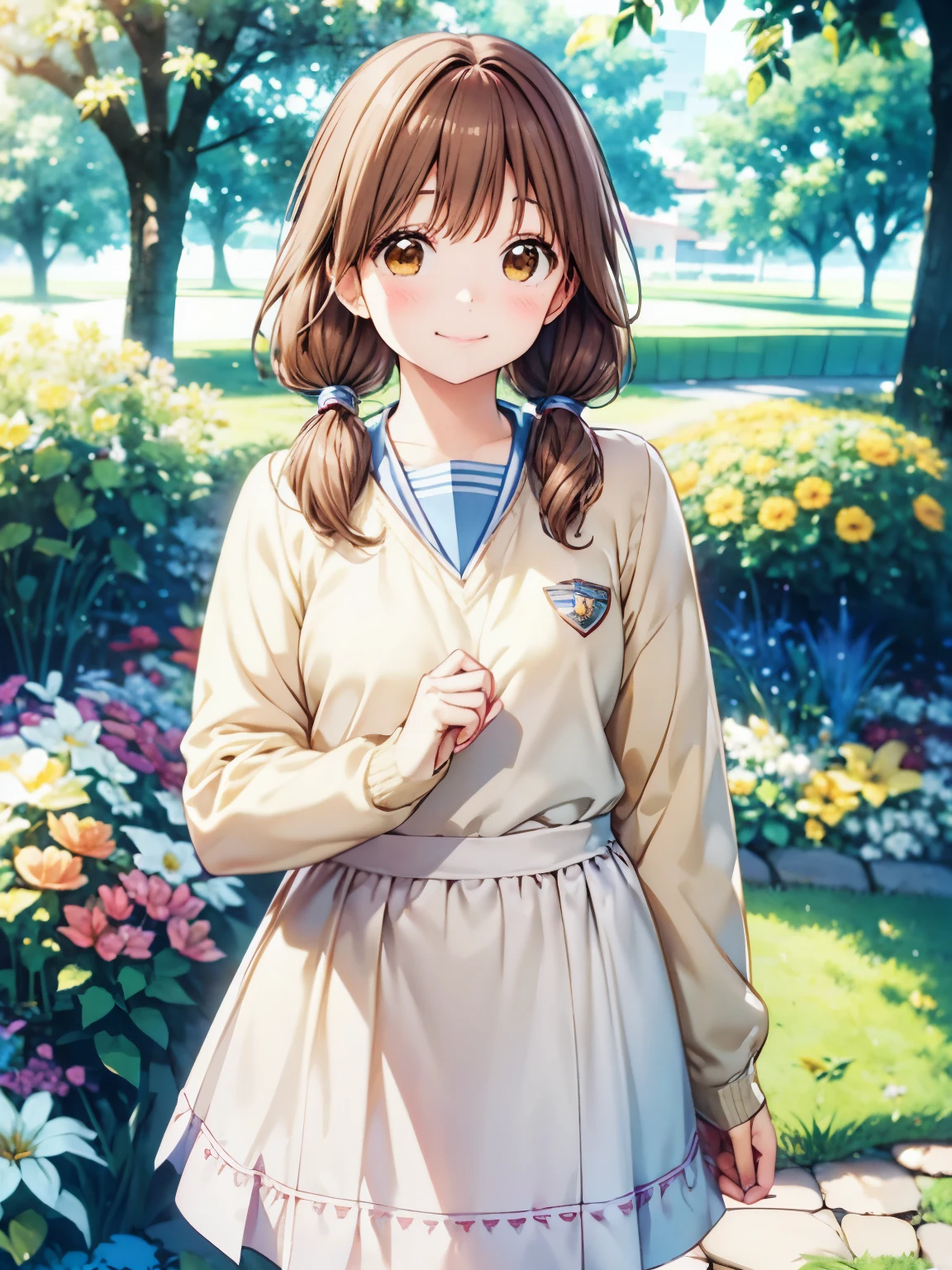 Tabletop,Otome、 Highest quality, And soul、And soulイラスト風, Laughter、Cream colored sweater、garden、Mouth closed、uniform、One Girl, alone, Absolute reference to the center、Standing on the grass、 Collected_Yamato, Brown Hair, Brown eyes, Medium Hair、Hunchback、Slightly low twintails、,Closed Mouth、smile、Brown Hair,(Realistic, Genuine, Genuine的、Realistic), Highest quality、 Cowboy Shot、