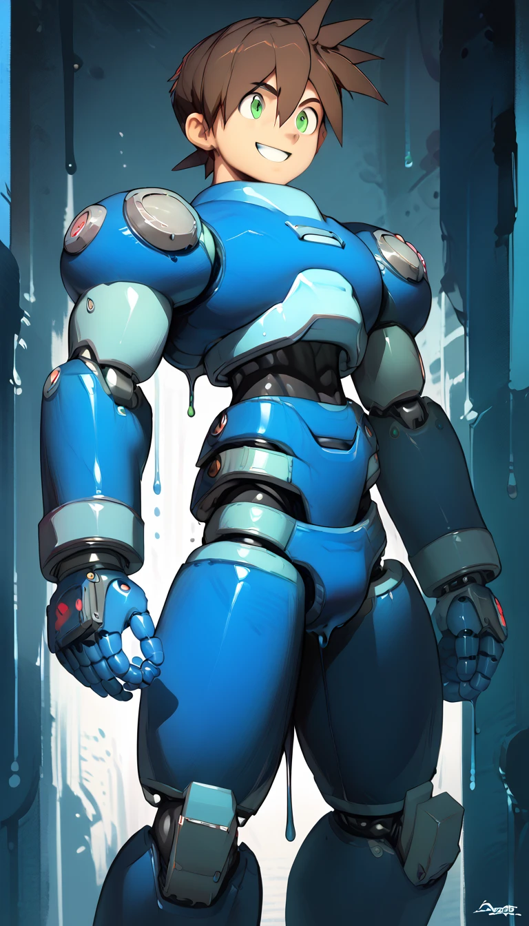 Shorts,Anatomically correct, (((8k resolution))),Black innerwear,The Boy of,Huge muscles,smile,cyborg,m3g4m4n,Blue Armor,Black Hair,male focus, brown hair, green eyes, 独奏, android, hair between eyes,Clear liquid dripping from huge erect penis