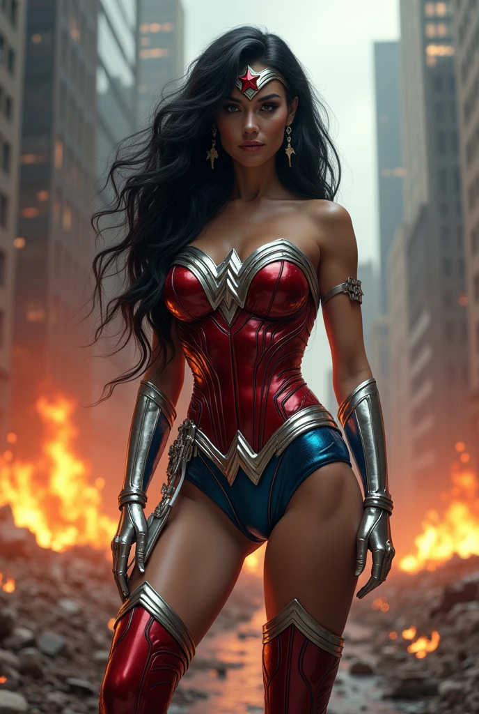 ((A beautiful woman under the mantle of the Amazon warrior Wonder Woman has long hair, black with a silver metal diaema this Diaema wears a red star on her forehead,His eyes are light blue. Her superheroine costume is samurai themed.. Usually (((Her costume includes a blue jumpsuit and a red armor top over her jumpsuit.))) on her knees screaming exhausted after an extensive battle blood around her in a rainy apocalyptic city cars and buildings on fire)))