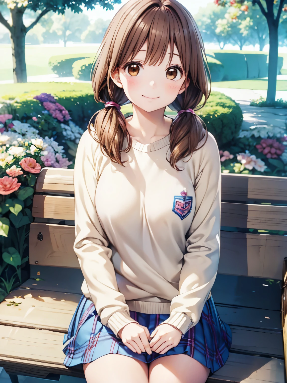 Highest quality, High resolution、unity 8k wallpaper,Absolute reference to the center,sitting,Otome、 Highest quality,garden、bench, Laughter、Cream colored sweater、Closed Mouth、uniform、One Girl, alone, Absolute reference to the center、benchに座ってる、 Collected_Yamato, Brown Hair, Brown eyes, Medium Hair、Hunchback、Slightly low twintails,Closed Mouth、smile、Brown Hair,(Realistic, Genuine, Genuine的、Realistic), Highest quality、 Cowboy Shot、