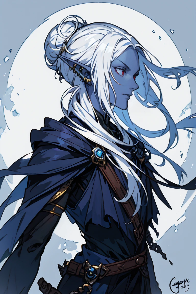 drow,white hair with purple low-ombre dye, male, pointy ears, solo, Calm slightly smile, elf, long hair, colored skin, white hair, blue grey skin, jewelry, bandages and oils strapped to the belt, moon earrings, bun hair, long hair, black adventuring clothes, long staff , profile, upper body, from side, signature, piercing, artist name, ear piercing, nose, lipasterpiece, best quality)), art by greg rutkowski